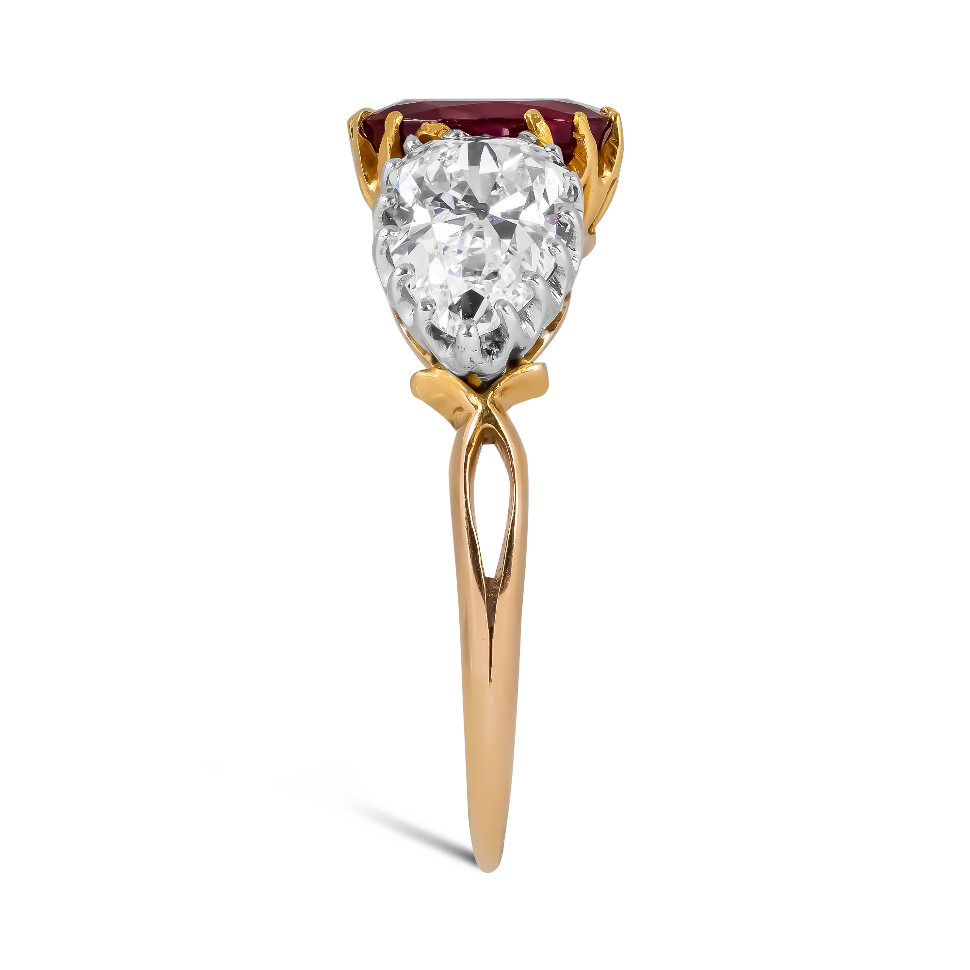 Victorian 1.63t Burmese Ruby and Diamond Three Stone Ring Cushion Cut, Claw Set_4