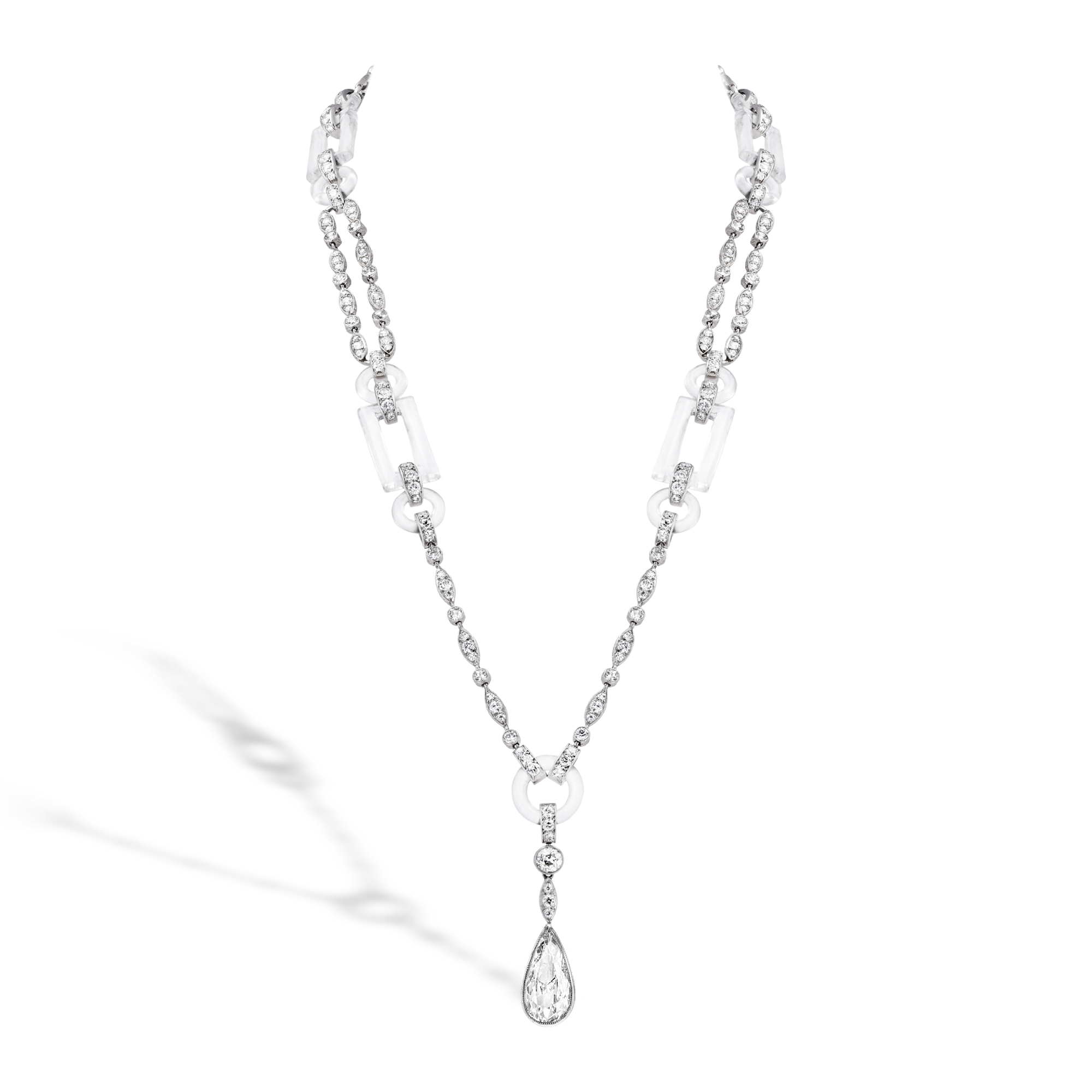 Art Deco Rock Crystal and Diamond Necklace Pear & old Cut, Millegrain & Grain Set_2