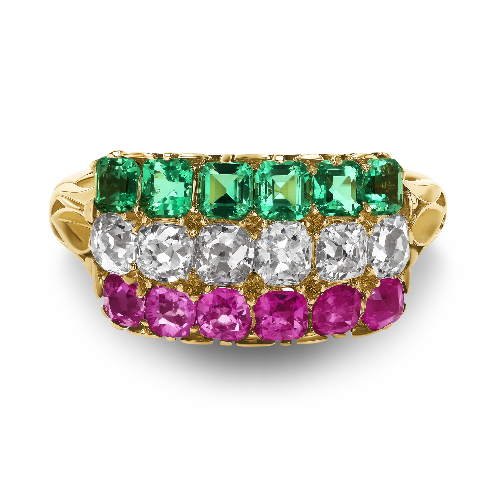 Three Row Ruby, Diamond and Emerald Ring Old Cut, Claw Set_2