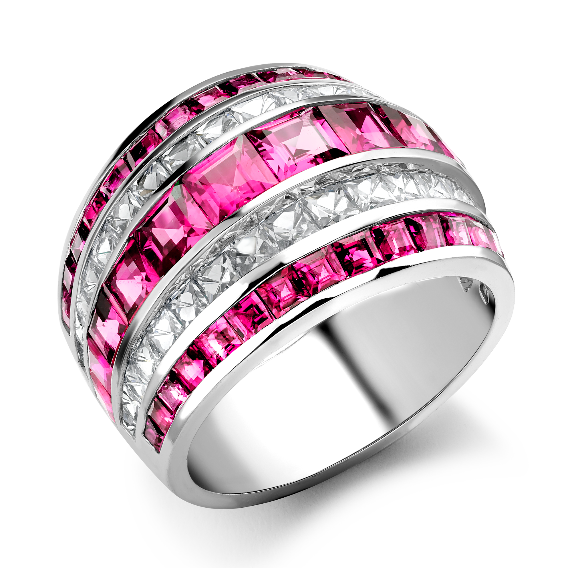 Manhattan Classic Pink Sapphire & Diamond Ring Carré & French Cut, Channel Set_1