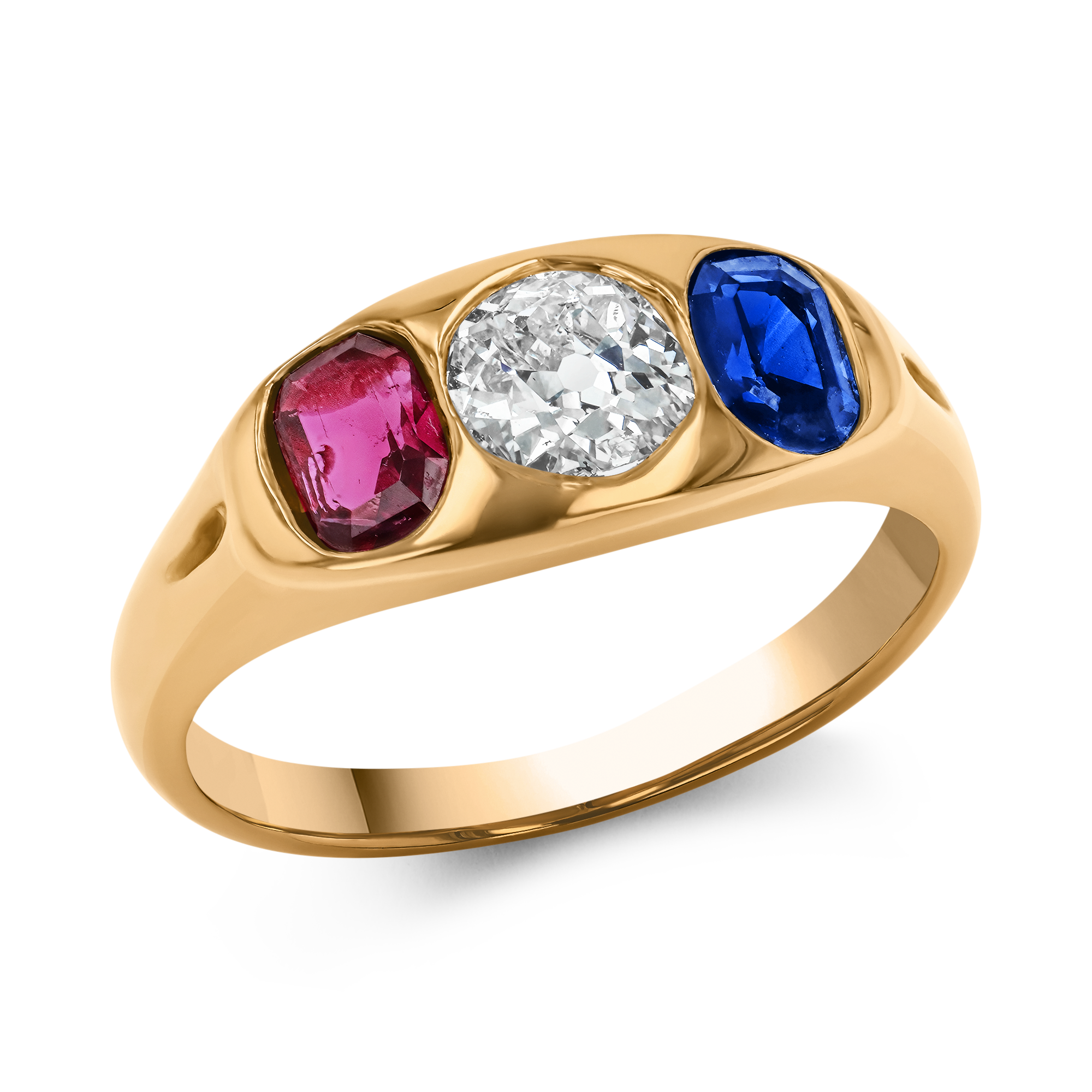 Old Cut Diamond, Sapphire and Ruby Three Stone Ring Old & Oval Cut, Gypsy Set_1