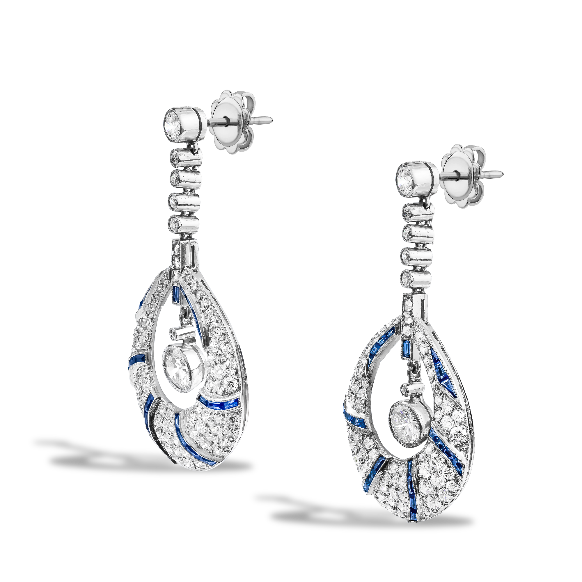 Old Cut 4.07ct Diamond and Sapphire Drop Earrings European Old & Mixed Cut, Millegrain Set_2