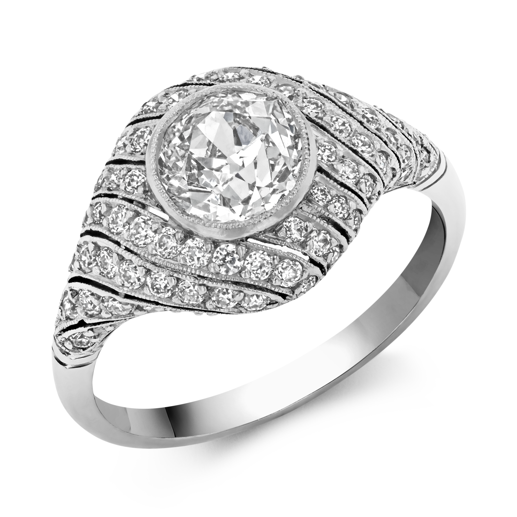 Art Deco Inspired 1.00ct Diamond Cluster Ring Old Cut, Millegrain Set_1