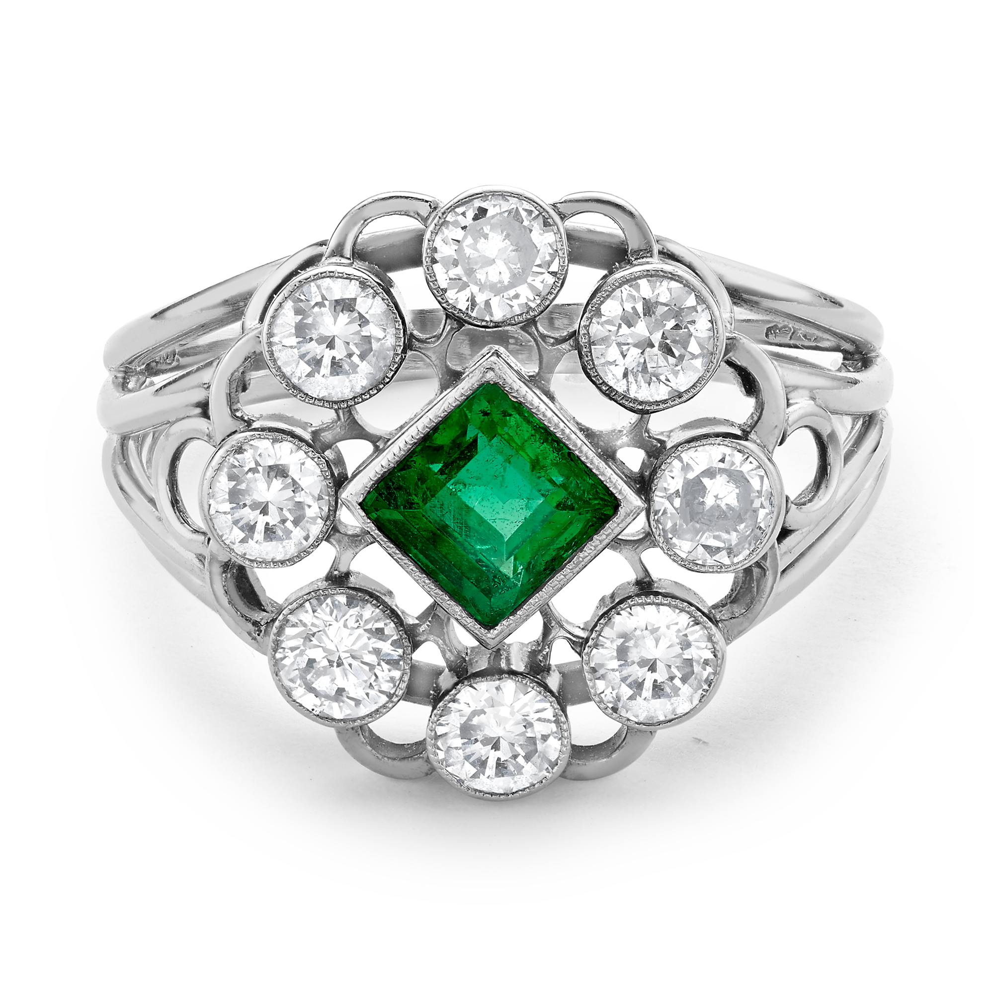 Edwardian Emerald & Diamond Dress Ring Square & Brilliant Cut, Millegrain Set_2