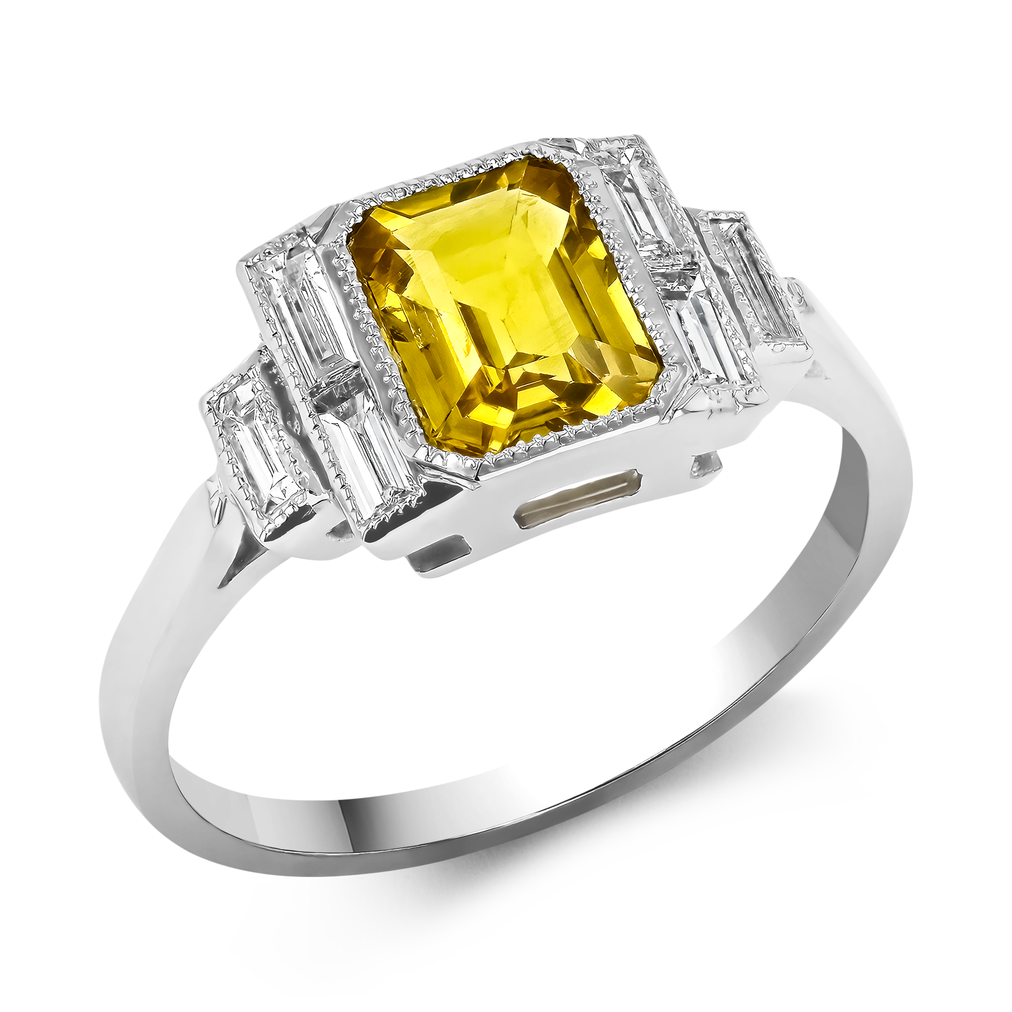 Emerald Cut 1.70ct Yellow Sapphire and Diamond Ring Millegain Set_1