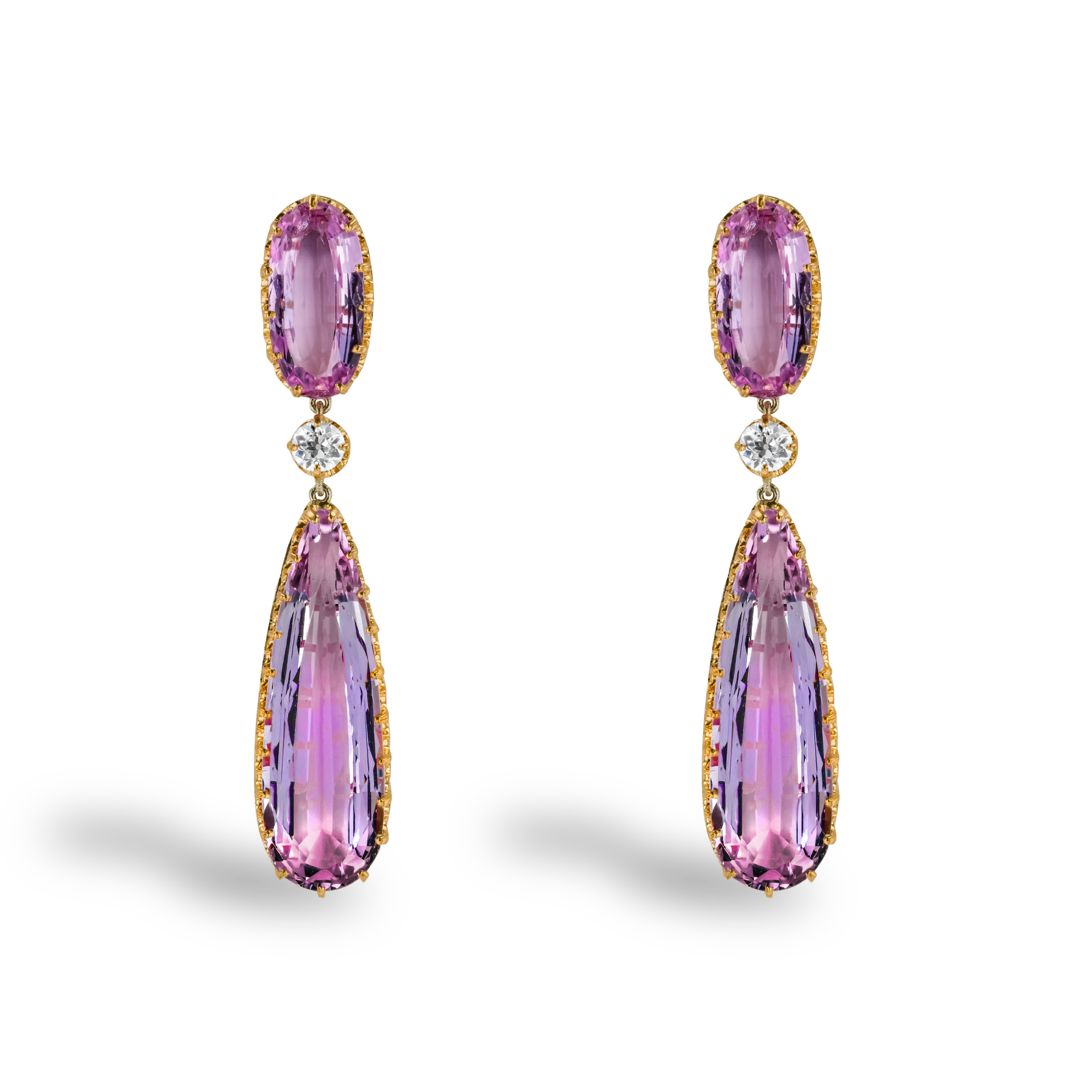 Victorian Pear Shaped Pink Topaz and Diamond Drop Earrings Pear Shape, Claw Set_1