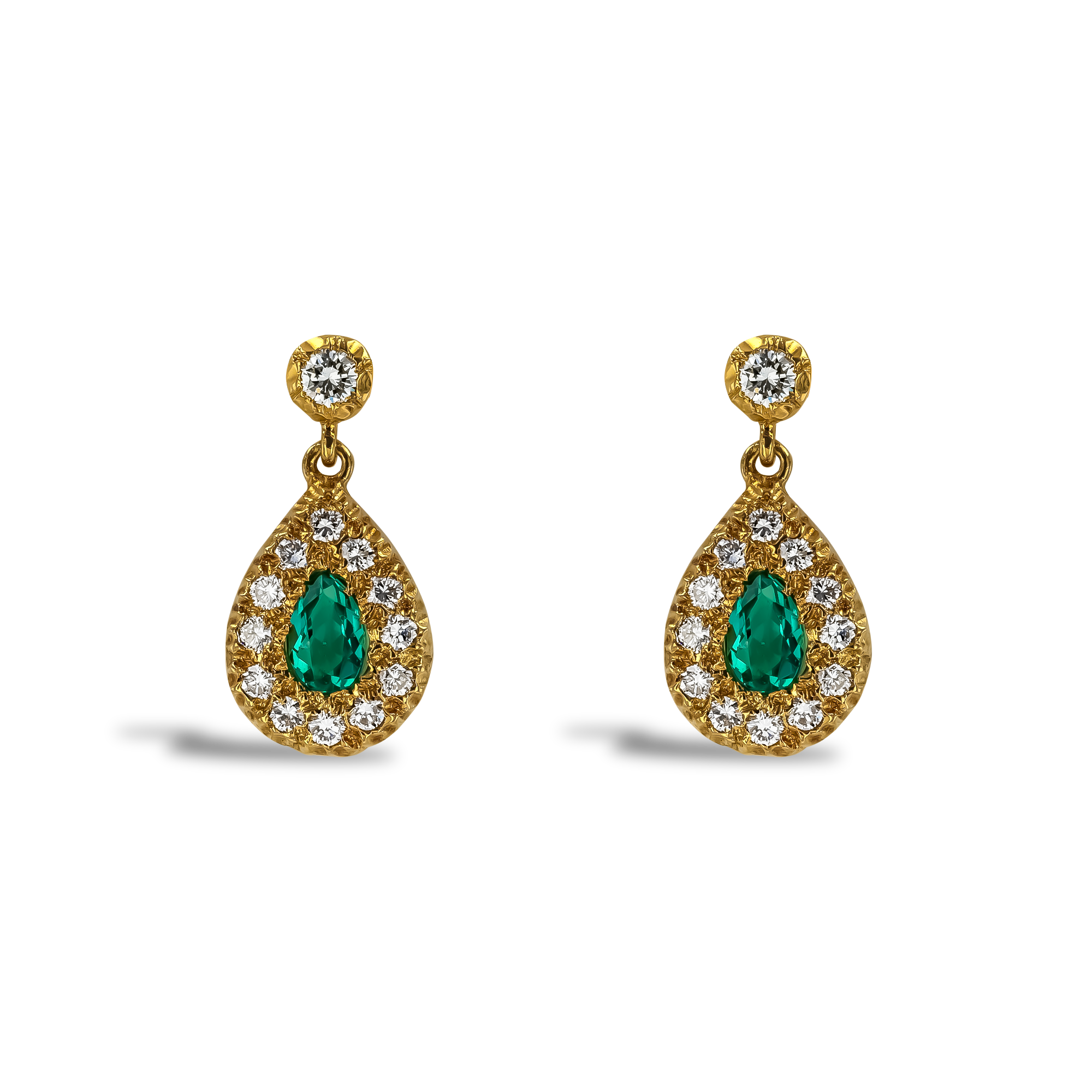 Antique Inspired Pearshape 0.36ct Emerald and Diamond Cluster Drop Earrings Pearshape, Claw Set_1