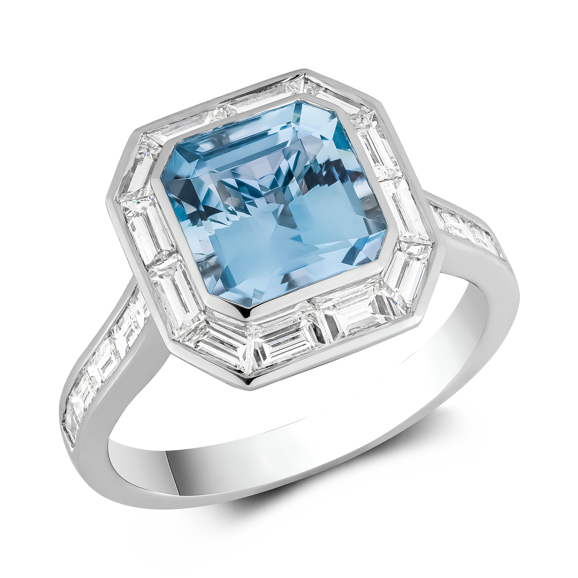 Asscher Cut 1.90ct Aquamarine and Diamond Ring Asscher & Baguette Cut, Rubover Set_1