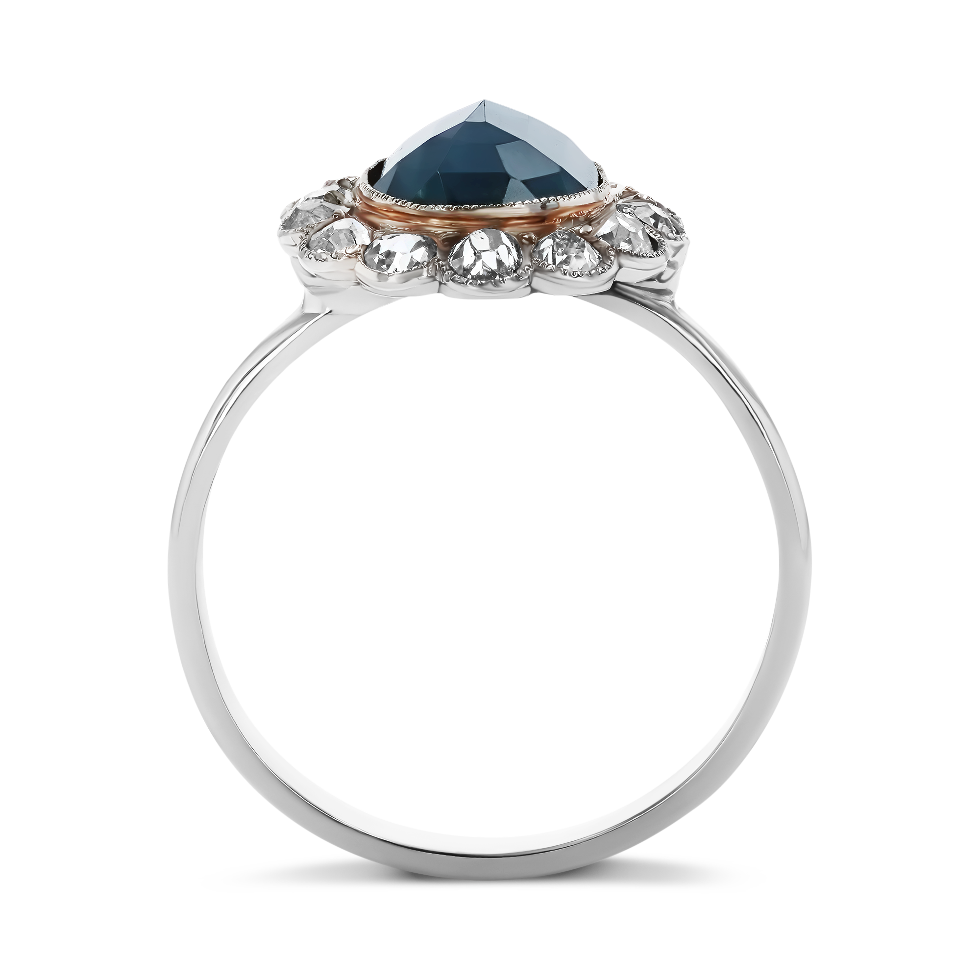 Art Deco Rose Cut Sapphire and Diamond Cluster Ring Rose Cut, Millegrain Set_3