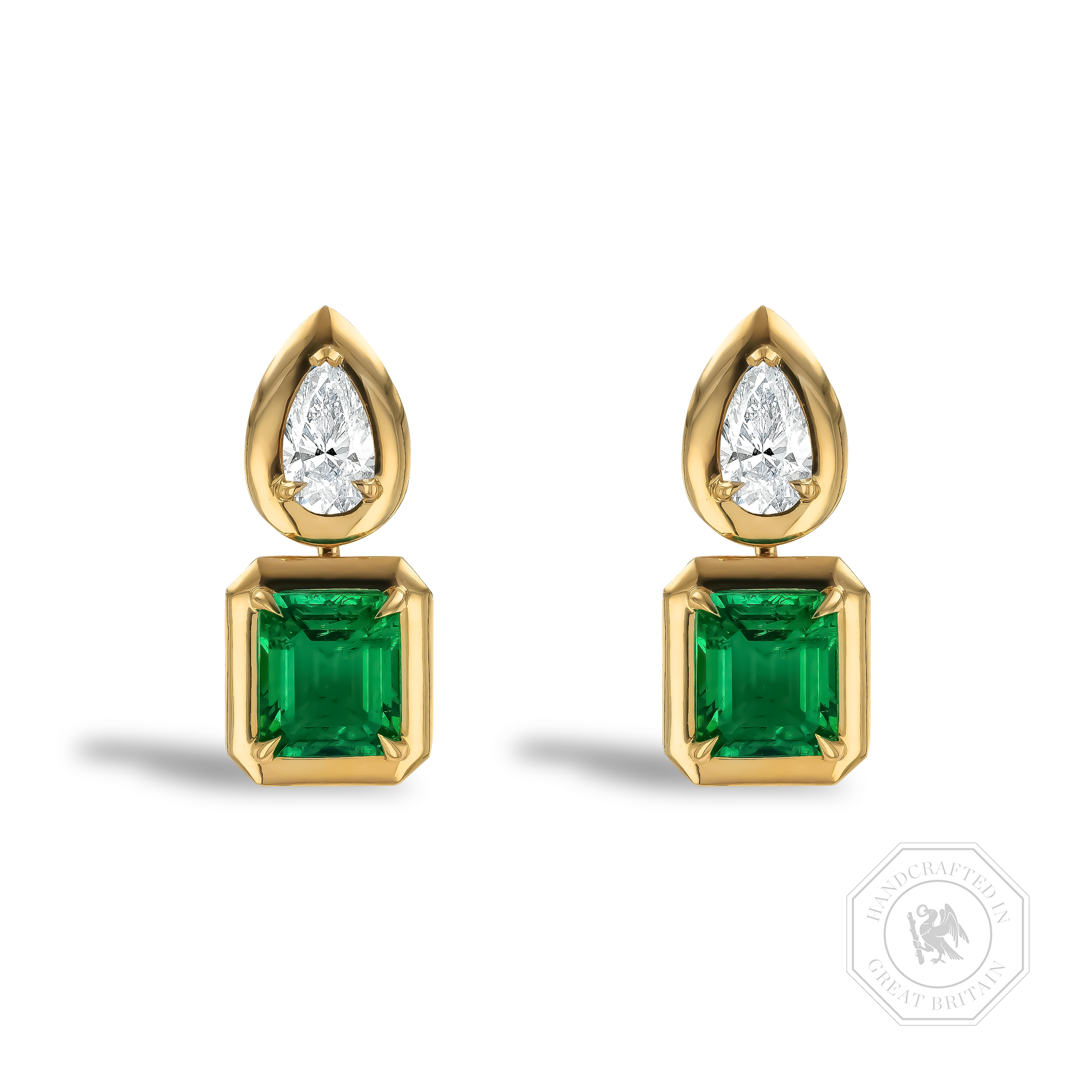 Skimming Stone Octagonal Cut Colombian Emerald and Diamond Earrings Octagonal Cut & Pear Shaped, Claw Set_1