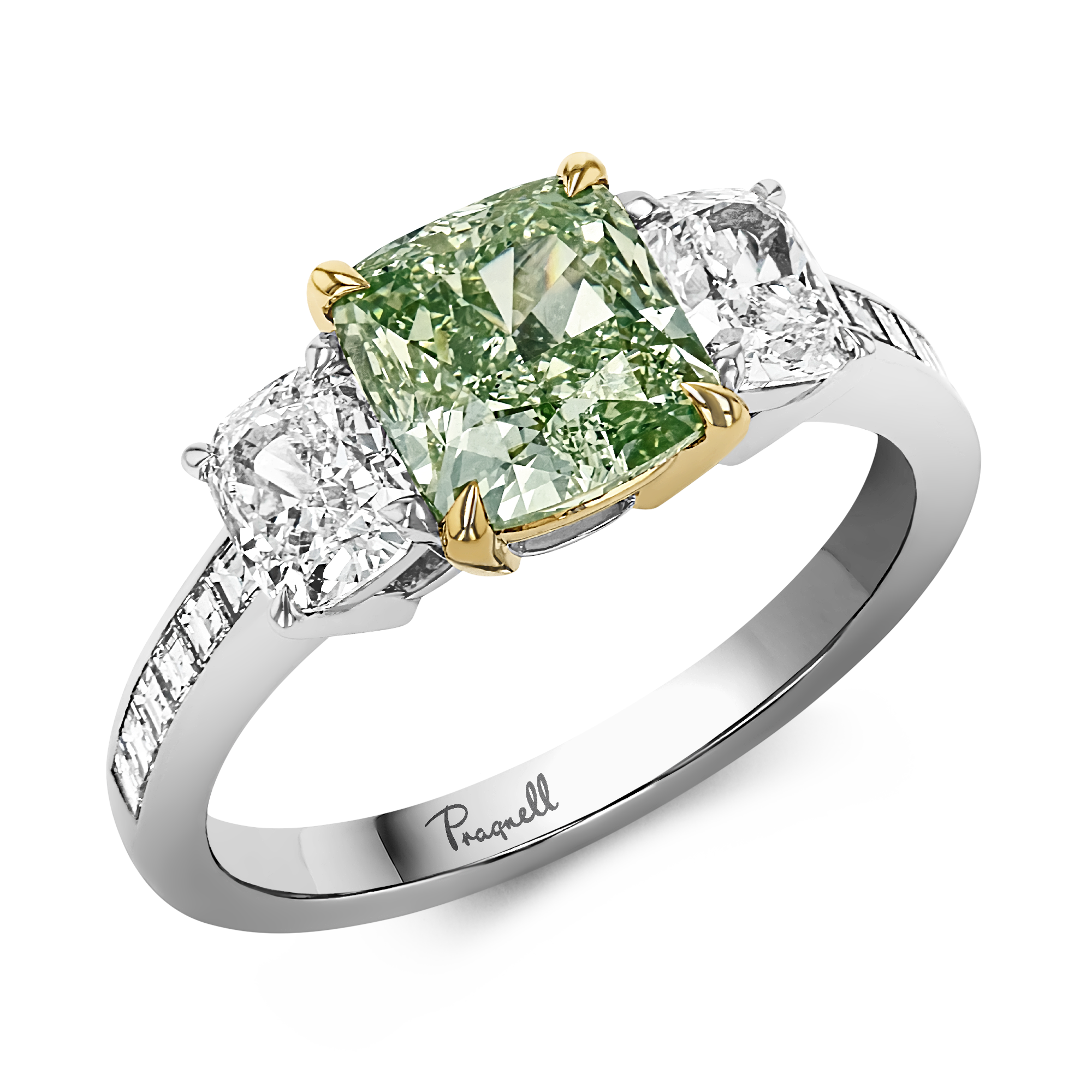 Masterpiece 2.07ct Fancy Intense Yellowish-Green Diamond Ring Cushion modern cut, Claw set_1