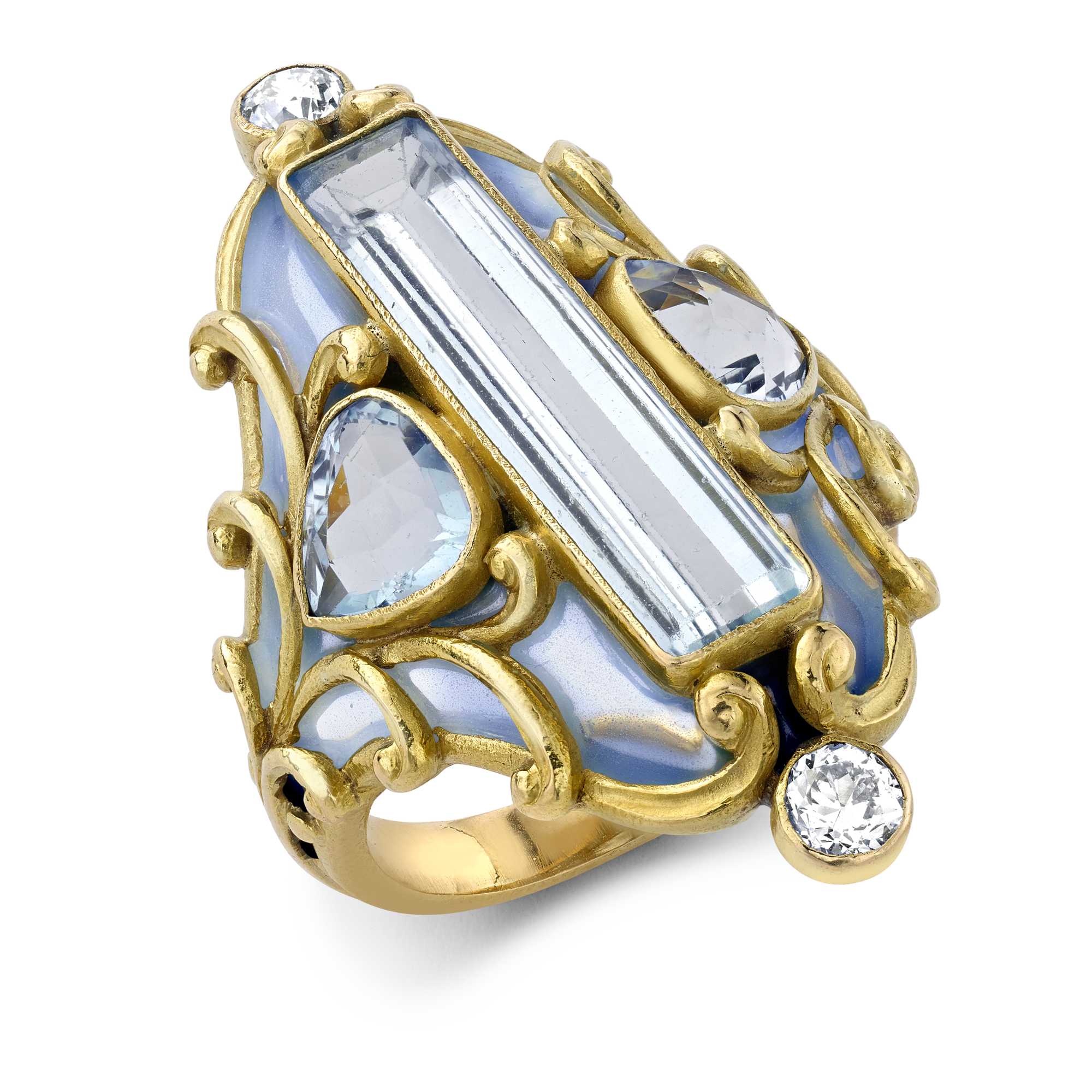 Art Nouveau Marcus & Co Aquamarine, Diamond & Enamel Ring Baguette Cut, Rubover Set_1