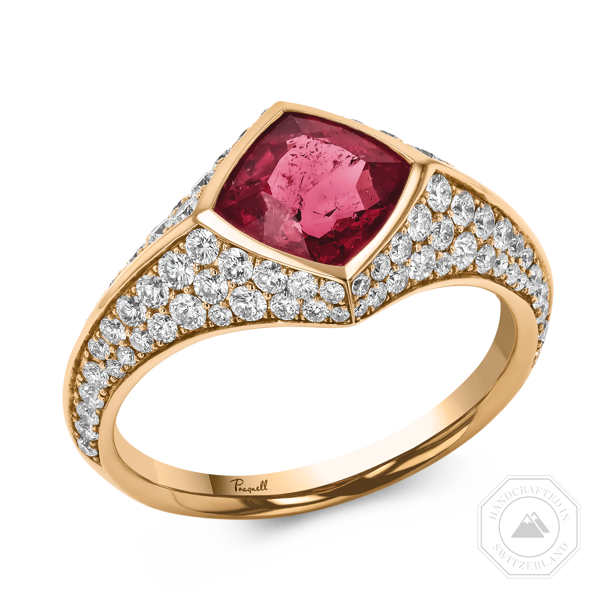Square Cut 1.58ct Rubellite and Diamond Ring Square Cut, Rubover Set_1