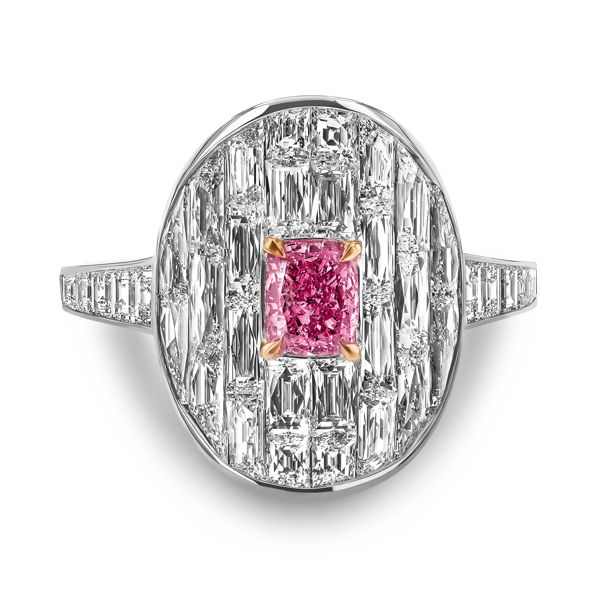 Masterpiece Stage Setting 0.50ct Fancy Vivid Pink Diamond Cluster Ring Cushion modern cut, Claw set_2