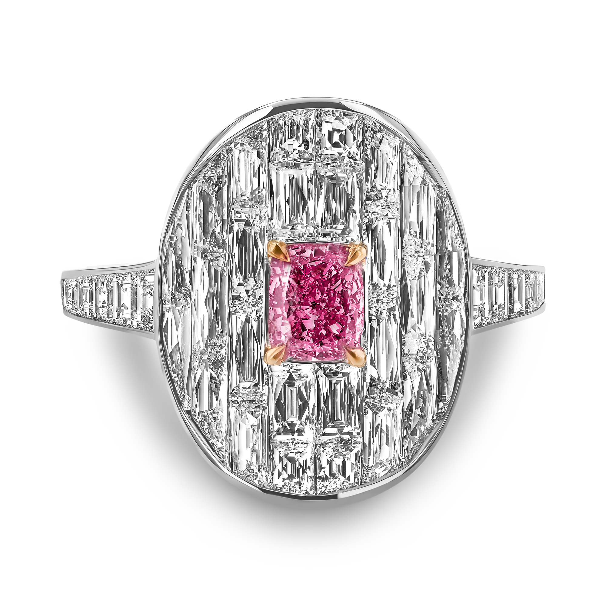 Masterpiece Fancy Vivid Pink Diamond Stage Setting Ring Cushion, French & Carre Cut, Claw & Channel Set_2