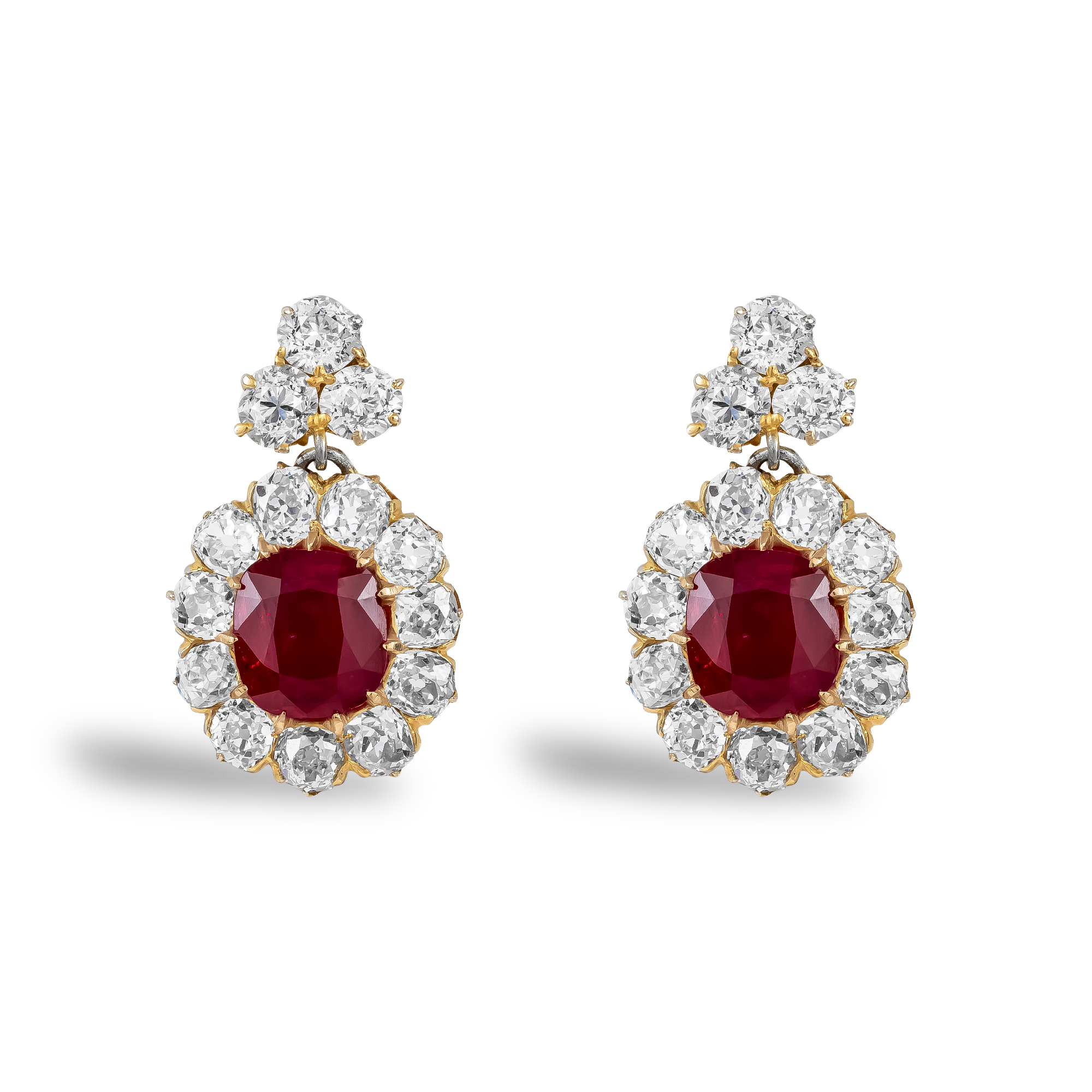 Victorian 3.58ct Burmese Ruby and Diamond Drop Earrings Antique Cushion Cut, Claw Set_1