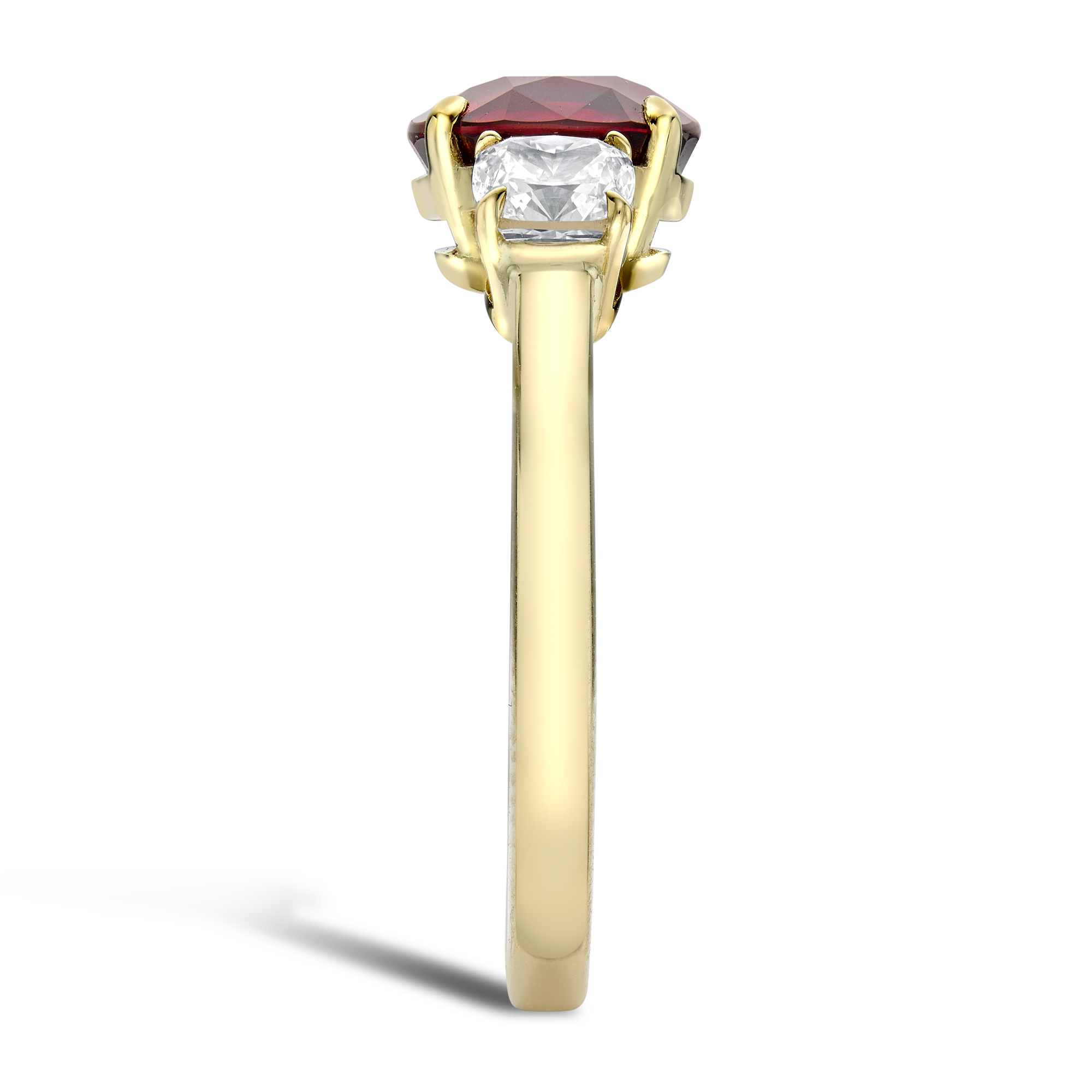 Mozambique Cushion Pigeon Blood Ruby & Diamond Three Stone Ring Cushion & Brilliant Cut, Claw Set_4
