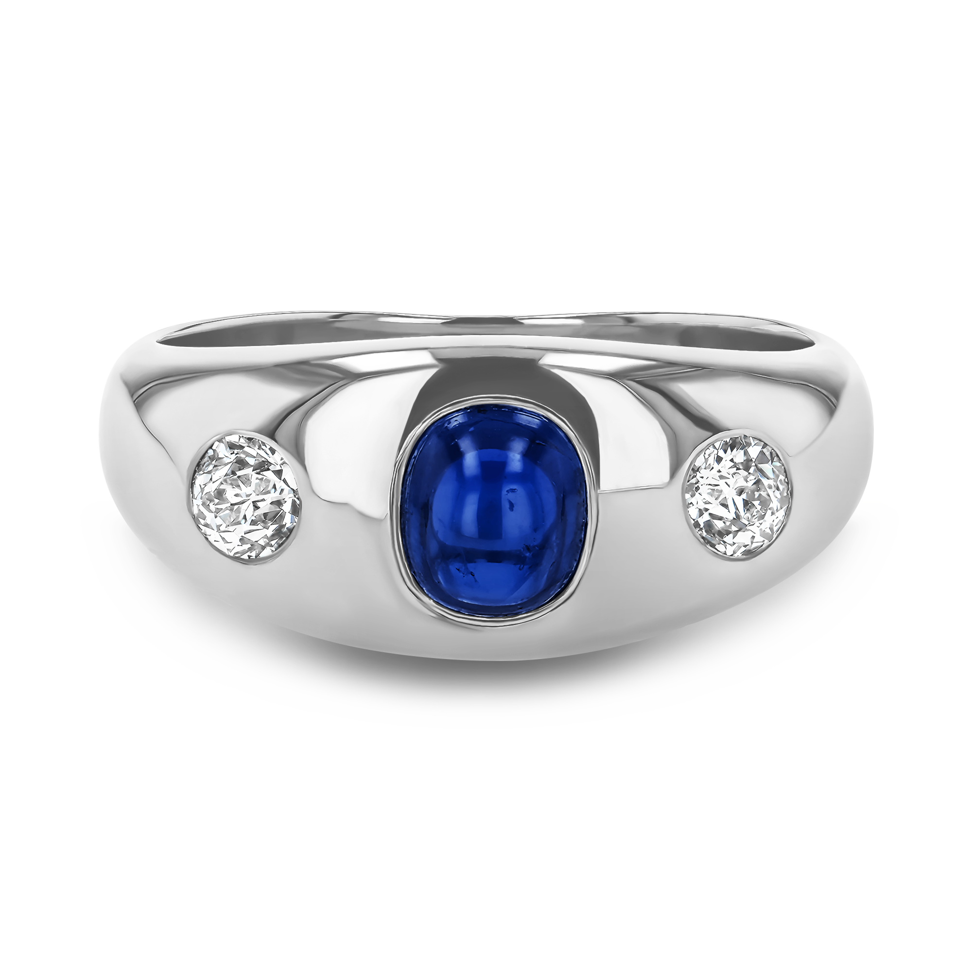 Cabochon Cut Blue Sapphire and Diamond Ring Cabochon Cut, Rubover Set_2