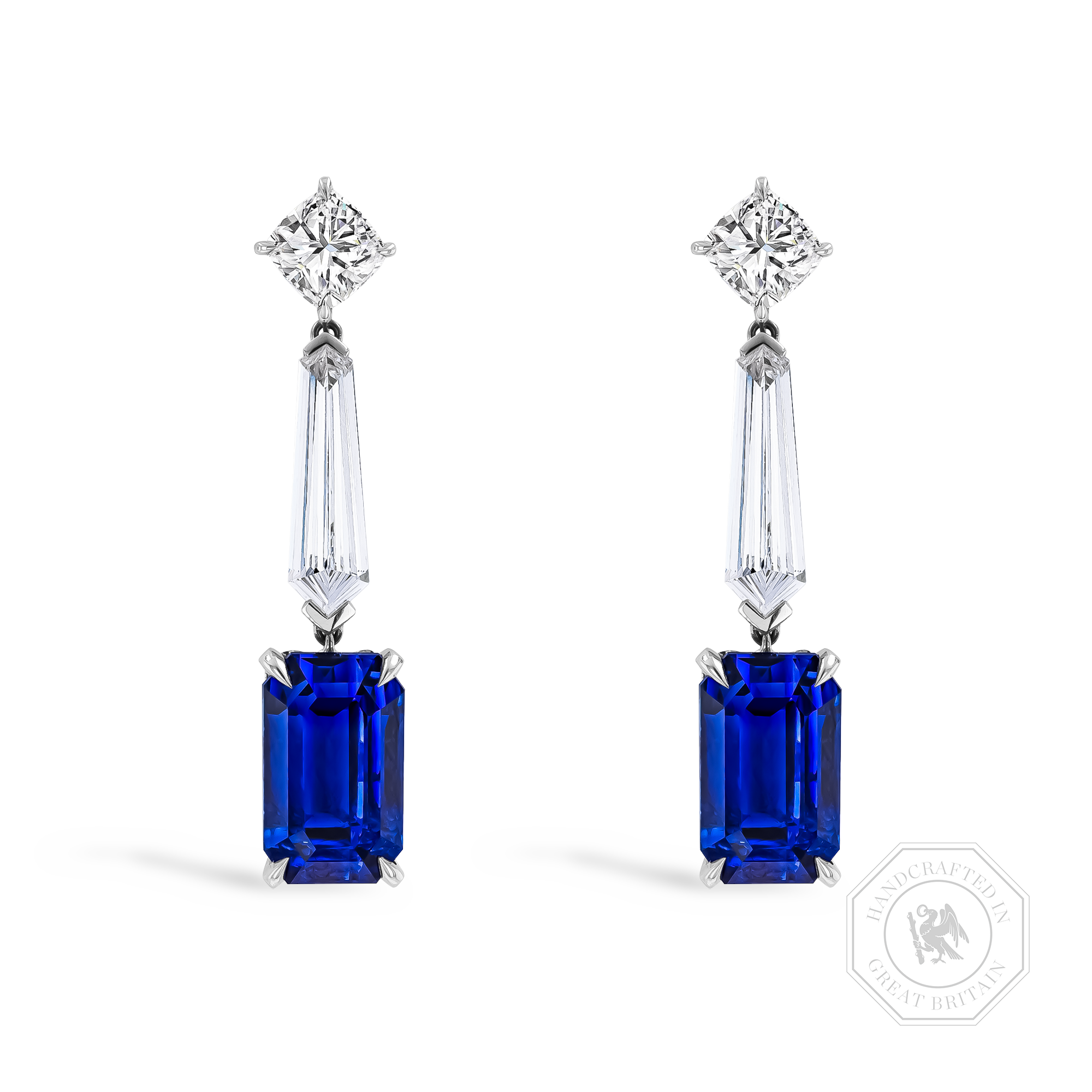 Masterpiece 13.37ct Sri Lankan Sapphire and Diamond Drop Earrings Emerald Cut, Claw Set_1