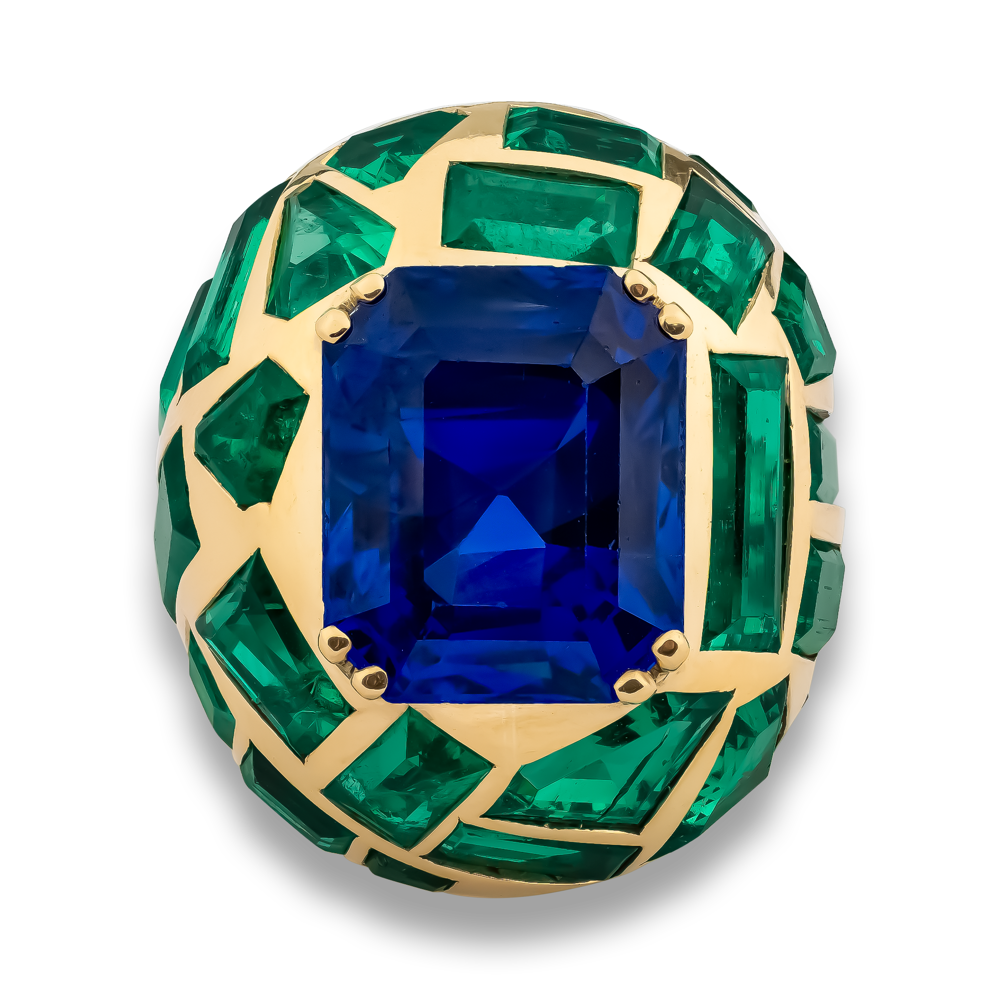Retro Suzanne Belperron 12.543ct Burma Sapphire and Emerald Bombé Ring Octagonal Cut, Claw Set_2