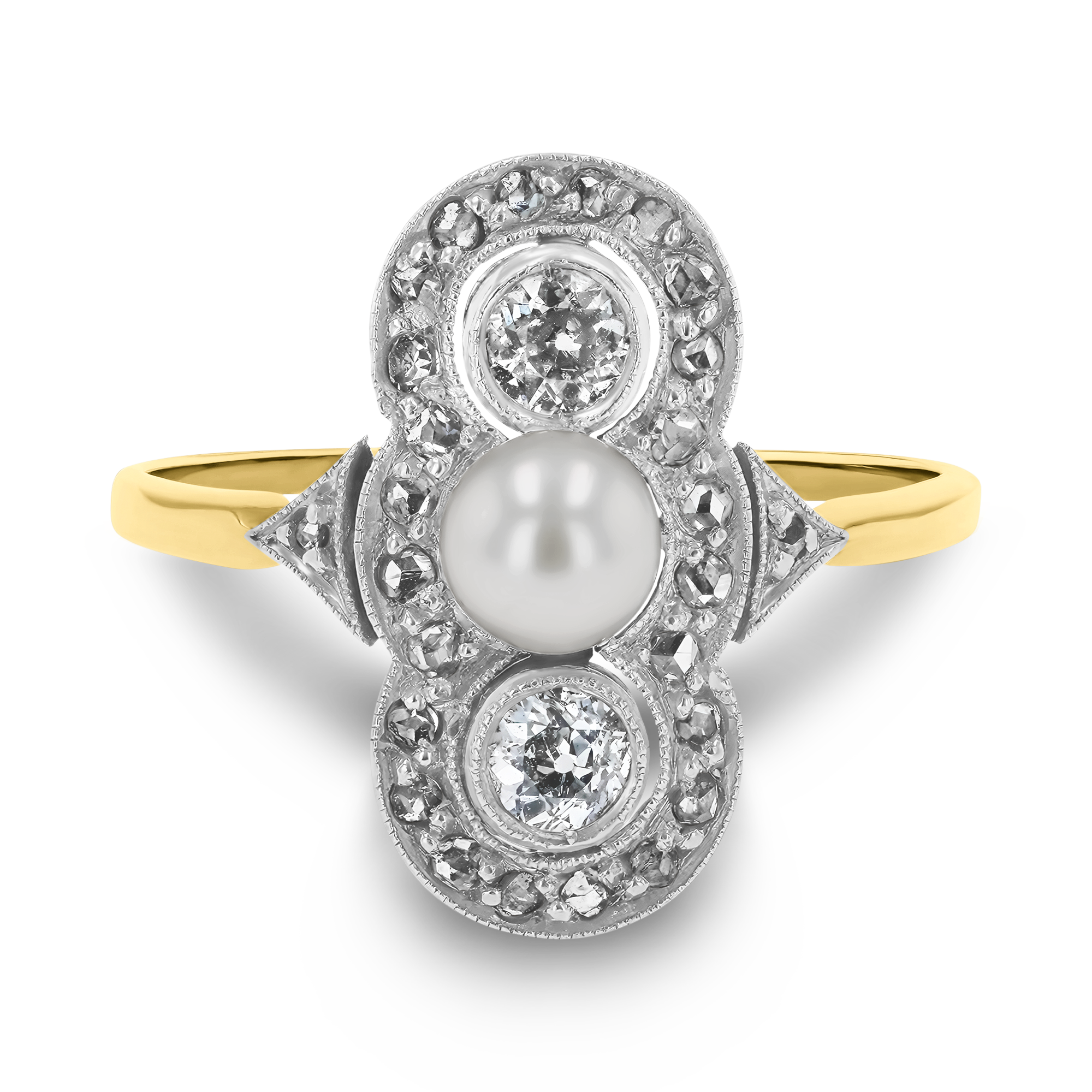 Edwardian Pearl and Old European Cut Diamond Scalloped Plaque Ring Old European Cut_2