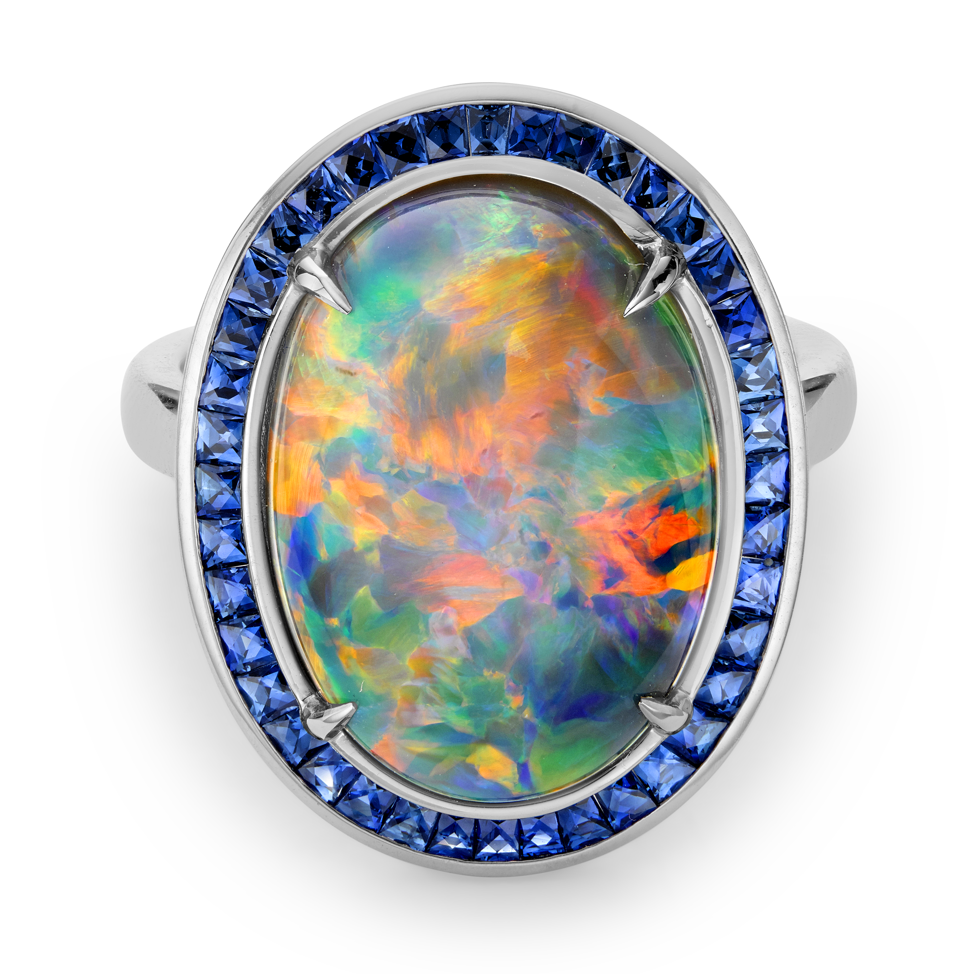 Masterpiece 8.92ct Black Opal and Sapphire Cluster Ring Cabochon Cut, Claw Set_2