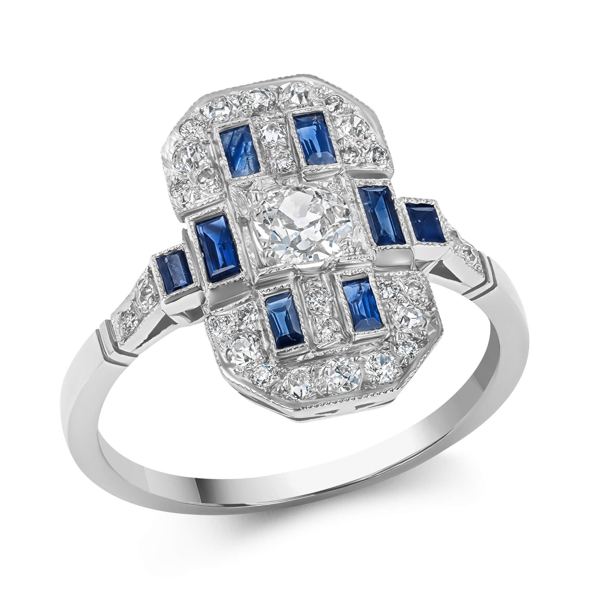 Art Deco Old European Cut Diamond and Sapphire Plaque Ring Old European Cut, Pave Set_1