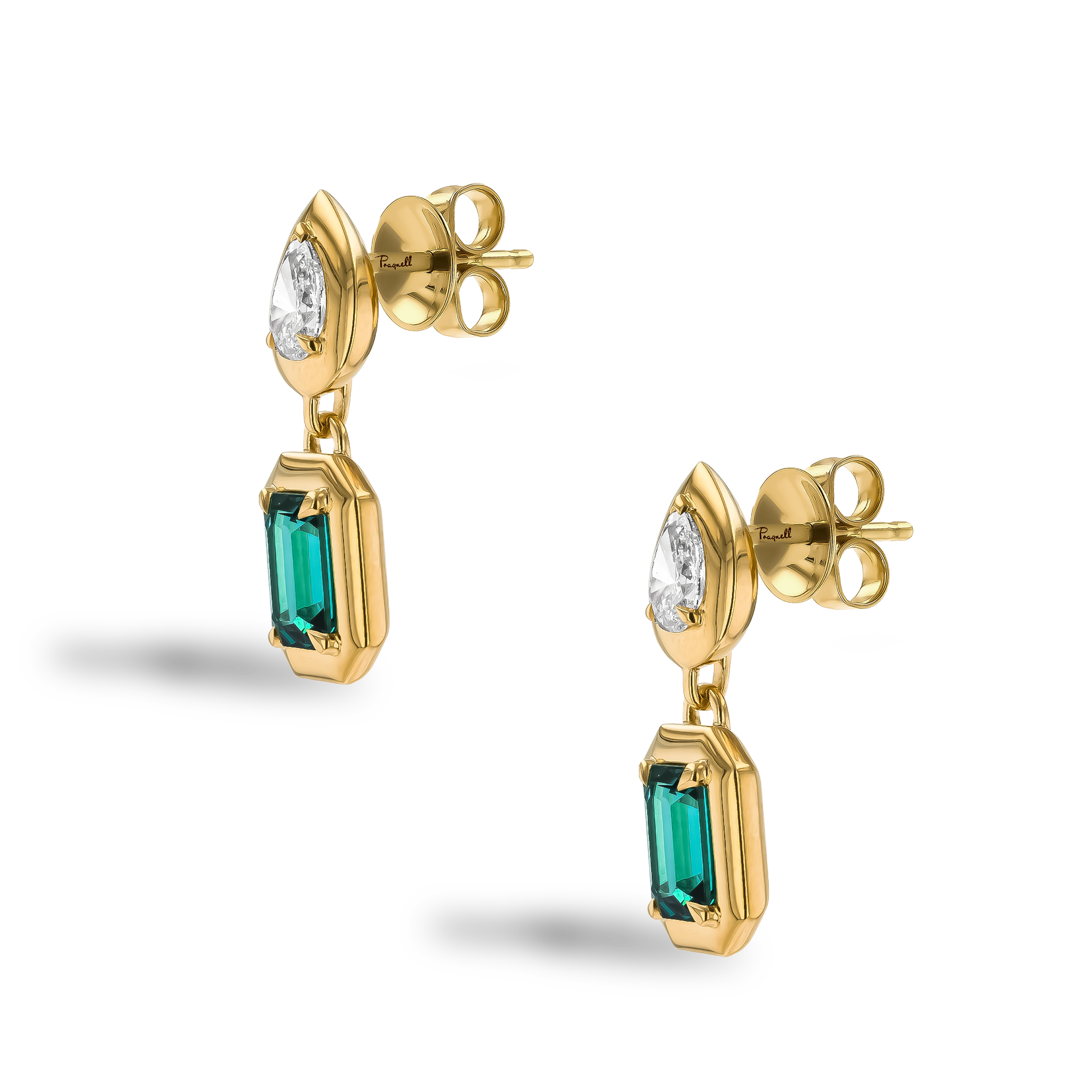 Skimming Stone 2.23ct Lagoon Tourmaline and Diamond Drop Earrings Emerald & Pear Cut, Claw Set_2