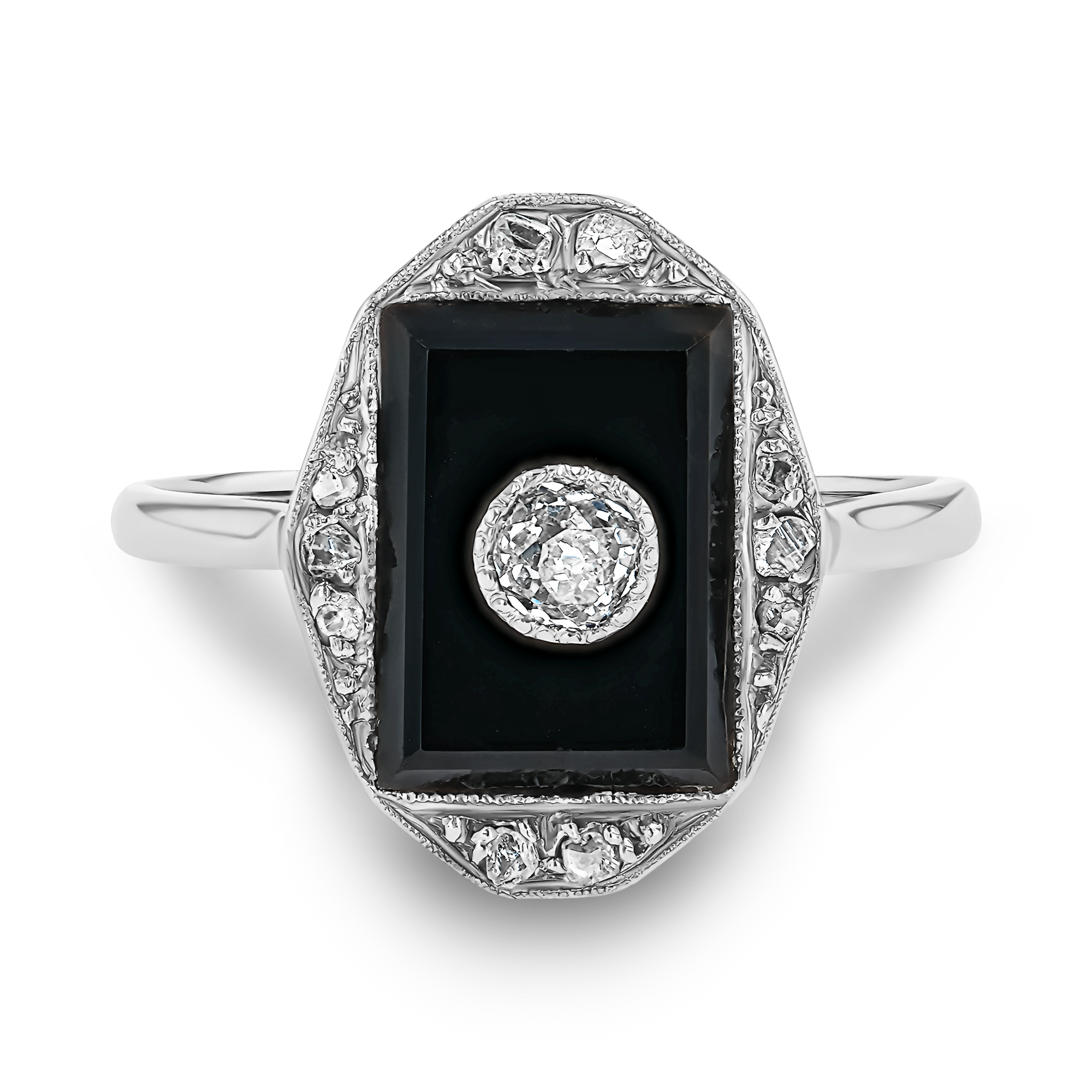 Art Deco Old Mine Cut Diamond and Onyx Cluster Ring Old Mine Cut, Millegrain Set_2