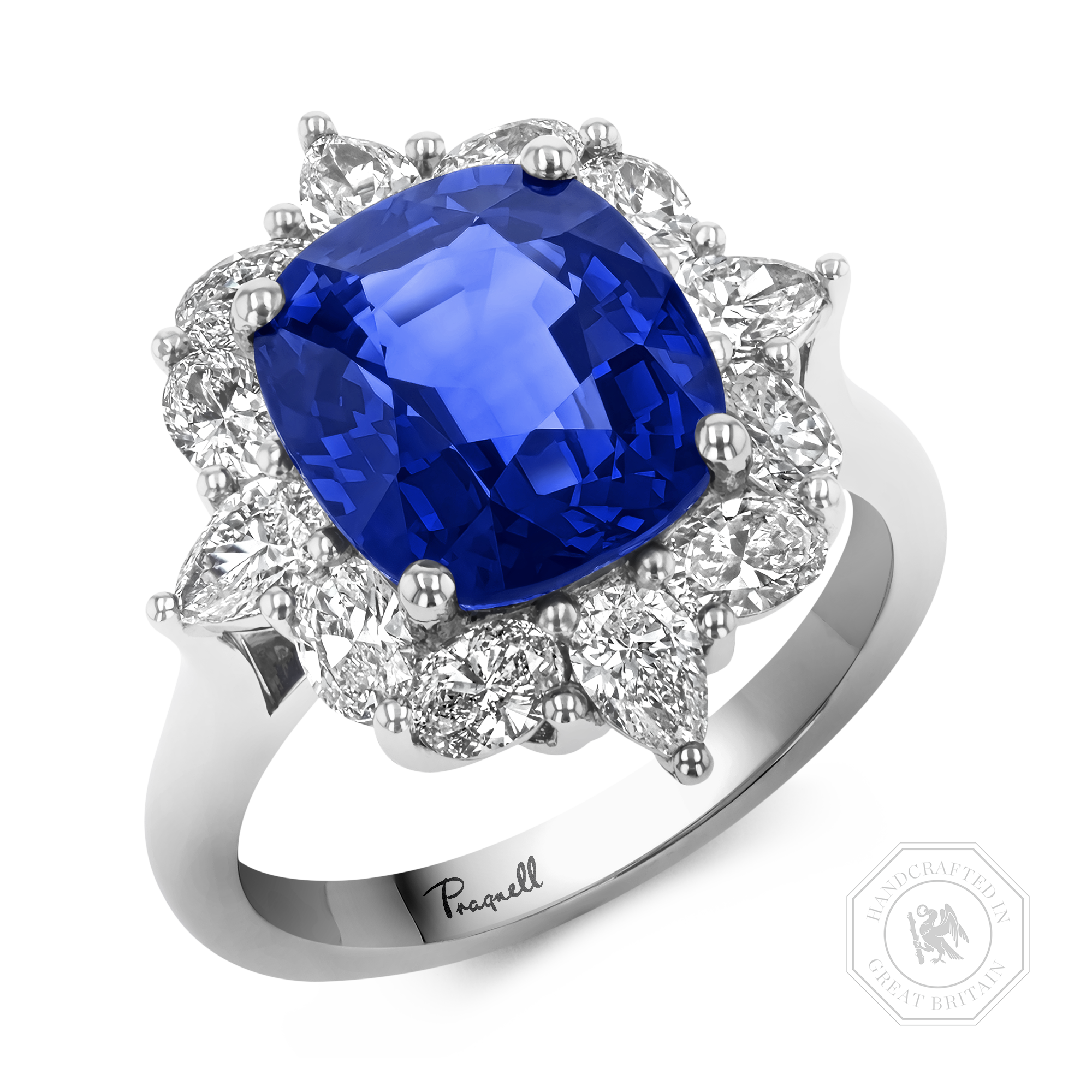 Sri Lankan Sapphire Cluster Ring with Pear and Oval Diamond Surround Cushion Modern Cut, Four Claw Set_1