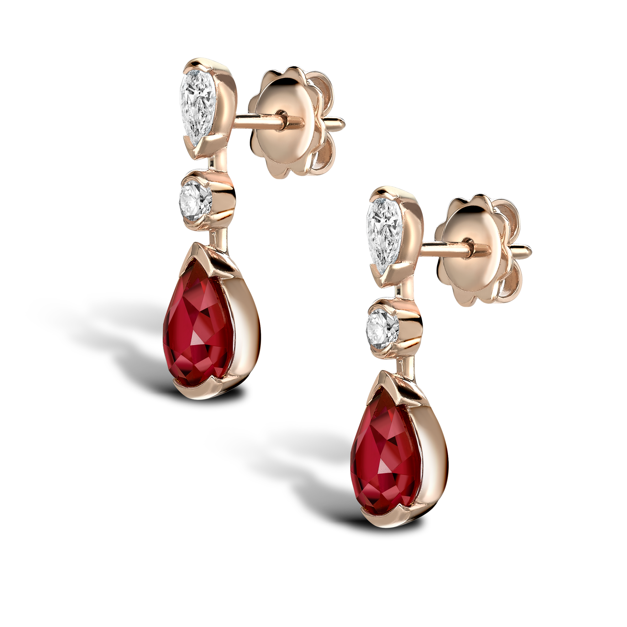 Pear Shape Ruby Drop Earrings Rubover Set with Pear and Brilliant Diamonds_2