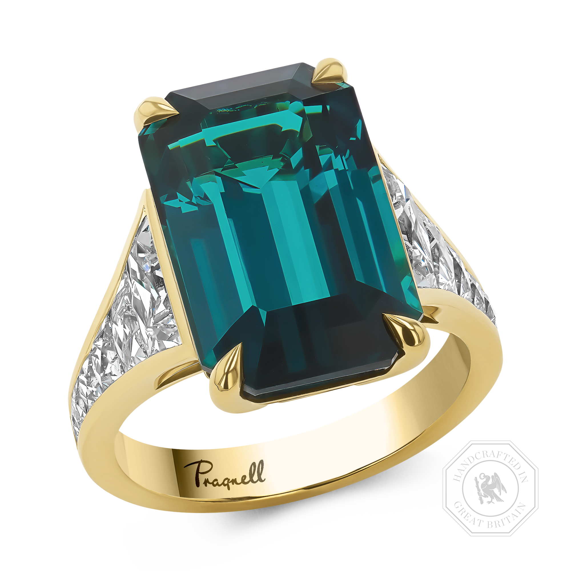 Masterpiece 11.84ct Emerald Cut Lagoon Tourmaline and Diamond Ring Emerald Cut, Claw Set_1