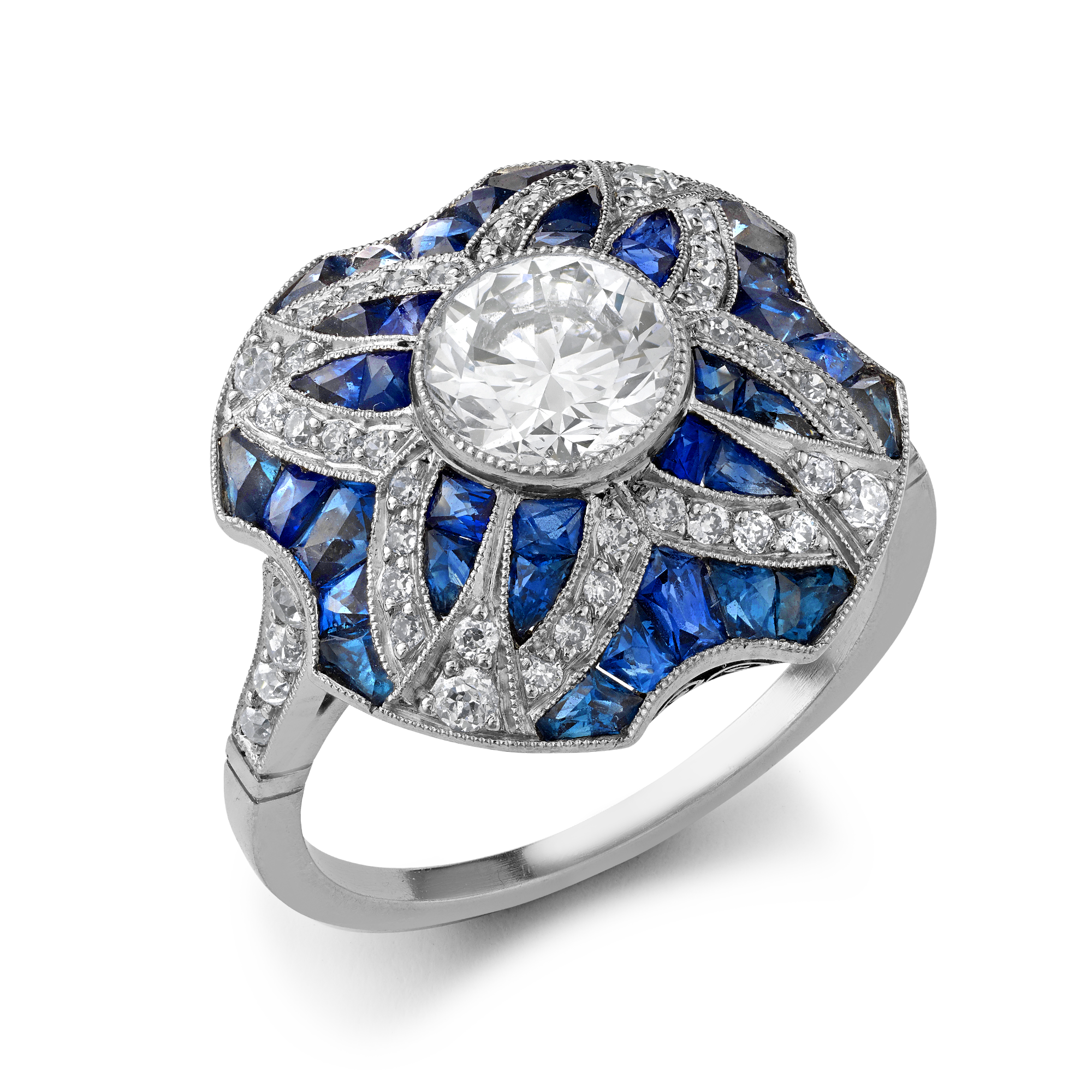 Art Deco Inspired Diamond and Calibre Sapphire Dress Ring with Sapphire and Diamond surround Old Cut, Millegrain Set_1