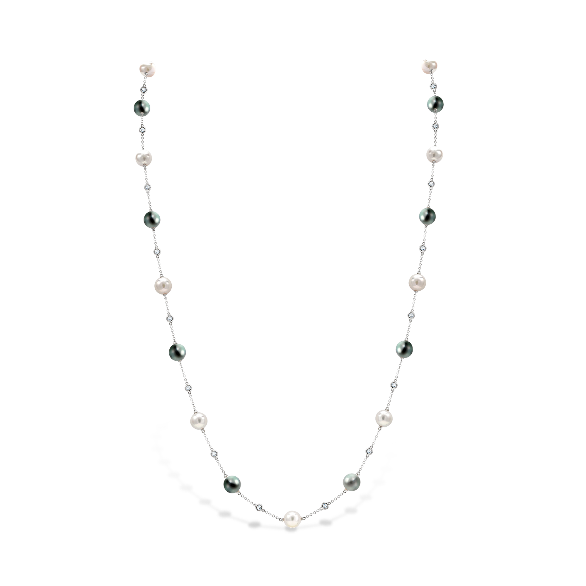 Akoya and Tahitian Pearl Necklace White Gold Chain with Spectacle Set Diamonds_1