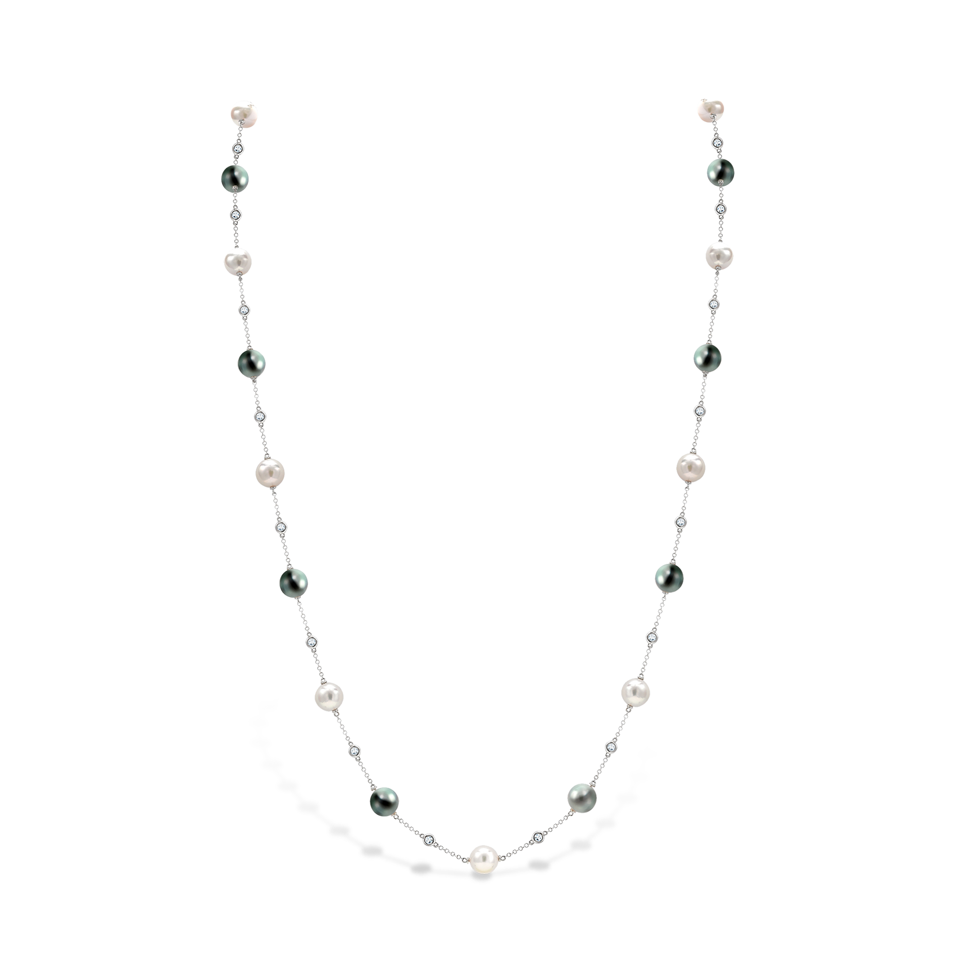 Akoya and Tahitian Pearl Necklace White Gold Chain with Spectacle Set Diamonds_1