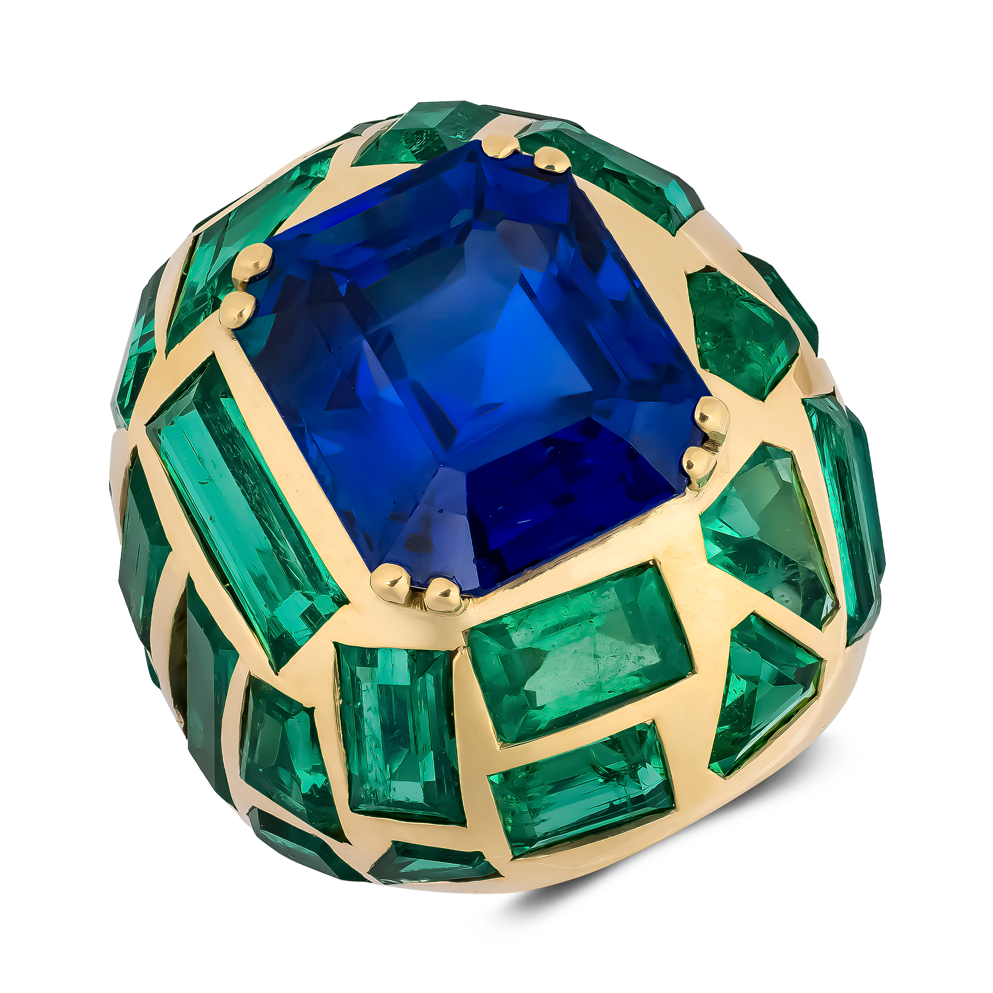 Retro Suzanne Belperron 12.543ct Burma Sapphire and Emerald Bombé Ring Octagonal Cut, Claw Set_1