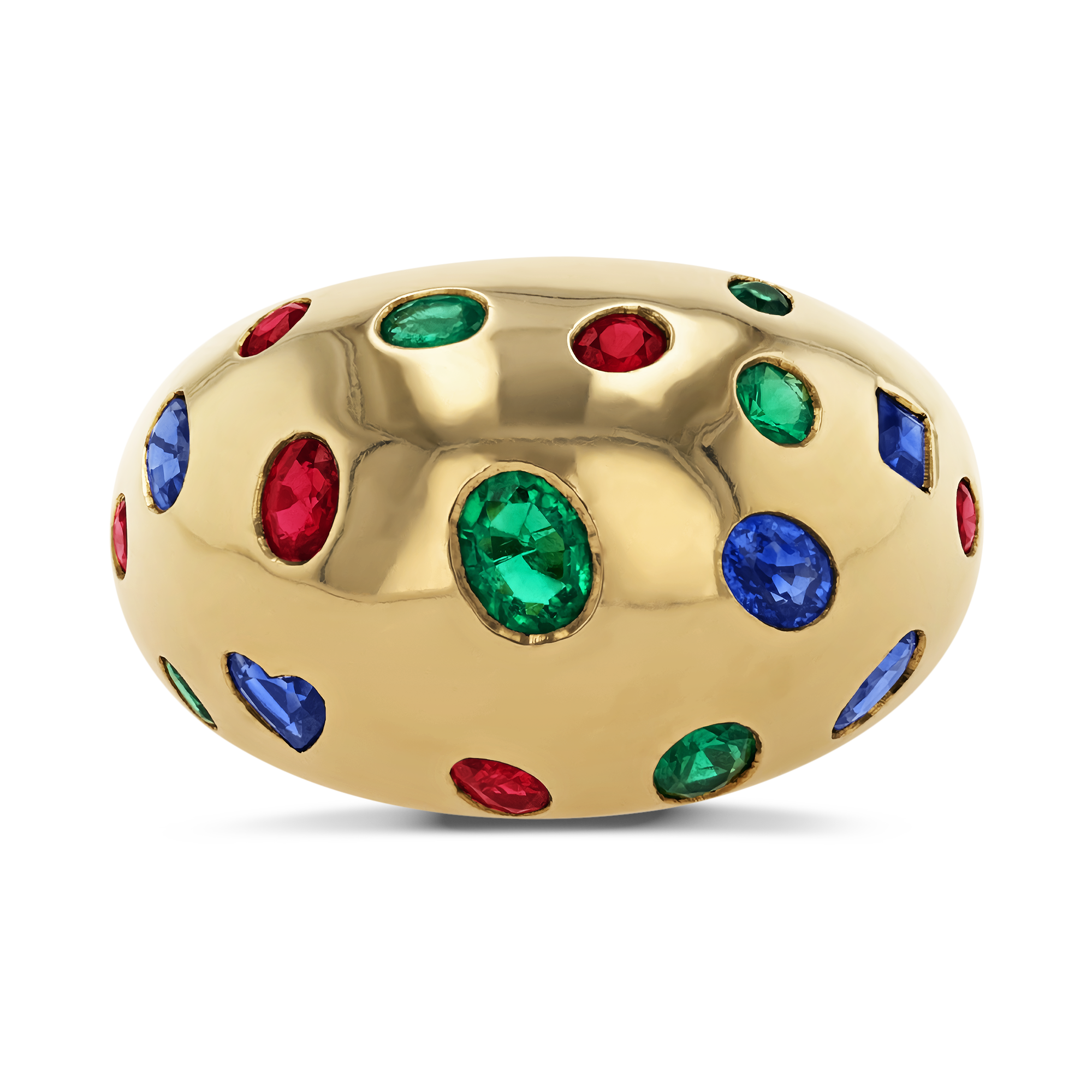 1990s Van Cleef & Arpels Emerald, Sapphire & Ruby Bombé Ring Oval Cut, Rubover Set_2