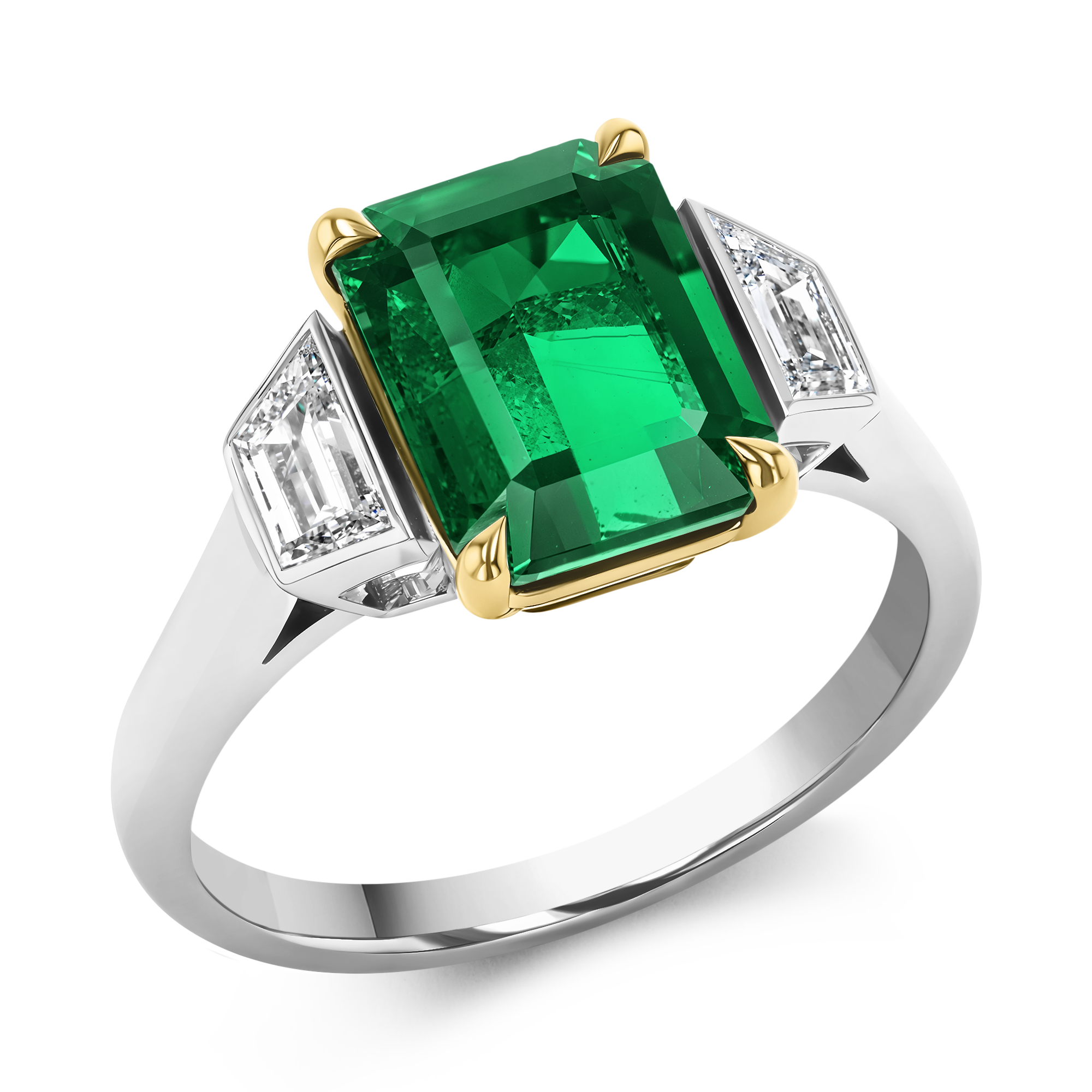 2.90ct Emerald and Diamond Three Stone Ring Emerald Cut, Claw Set_1