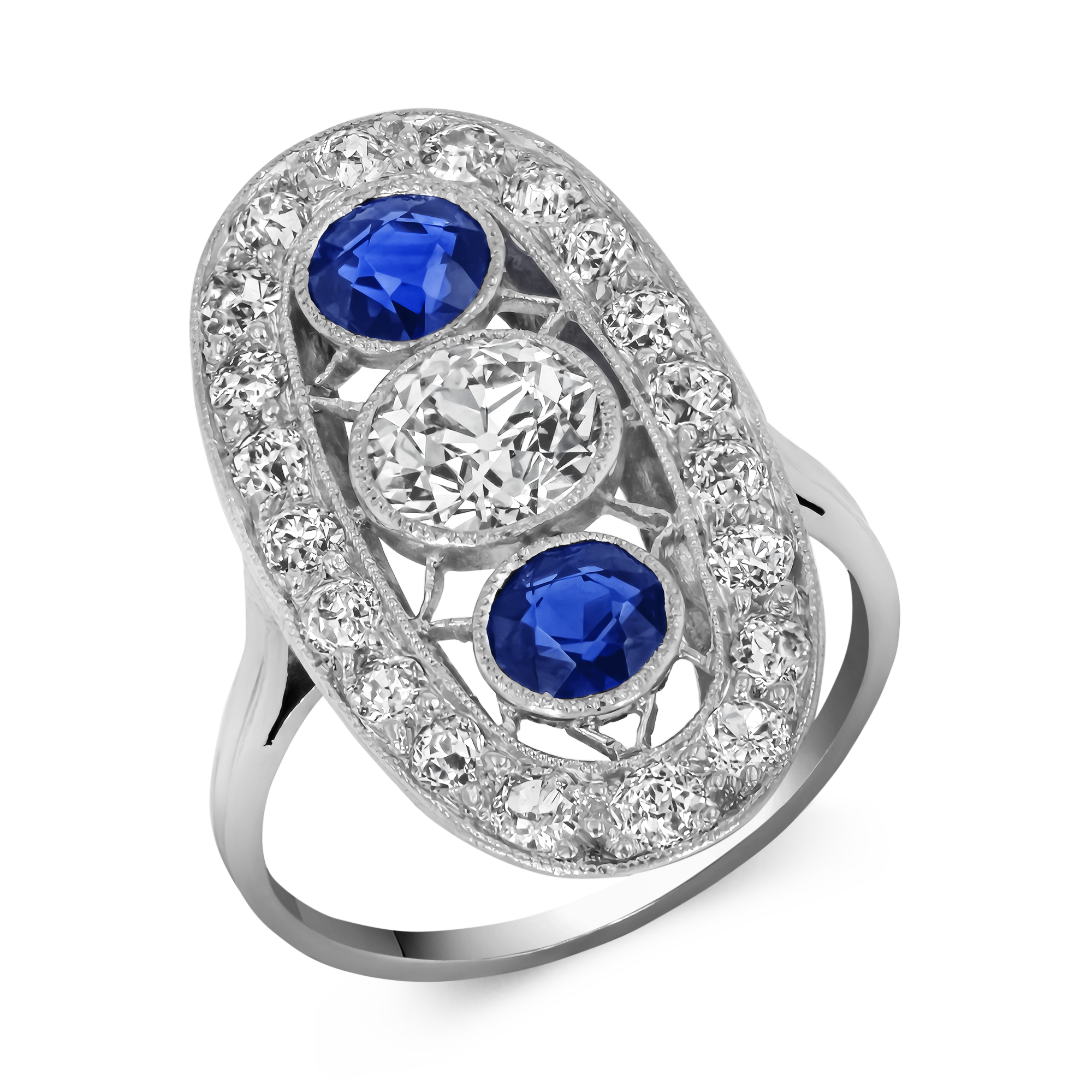 Edwardian Inspired Sapphire and Diamond Cluster Ring with Diamond Surround Brilliant Cut, Millegrain Set_1