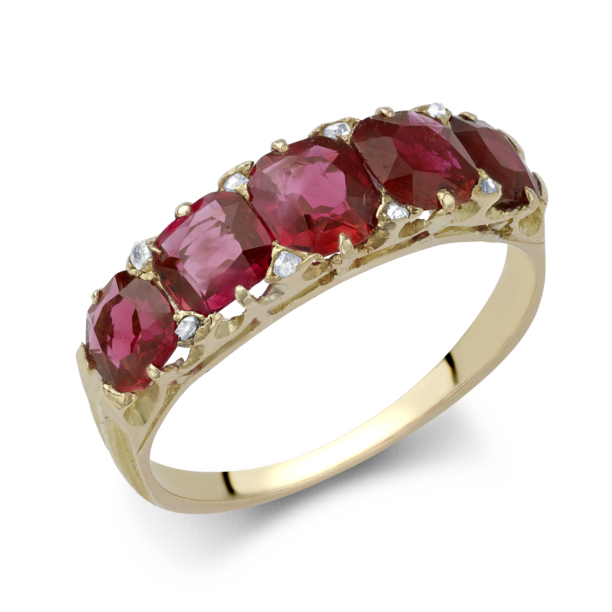 Victorian Five Stone Burmese Ruby Ring Cushion Cut, Claw Set_1
