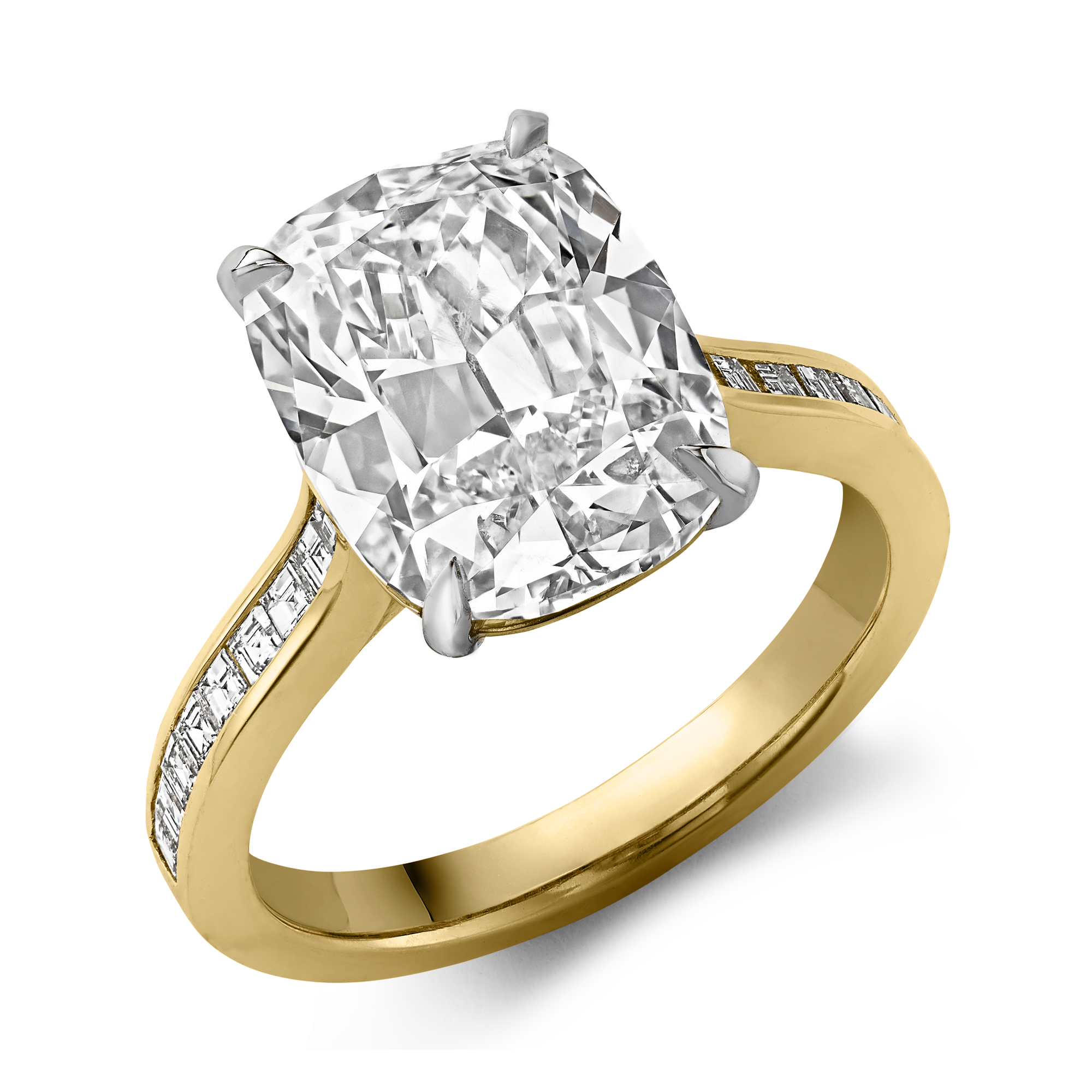 Masterpiece Deco Setting Antique Cushion Cut Diamond Ring  with Carre Cut Diamond Shoulders Antique Cushion & Carre Cut, Claw & Channel Set_1