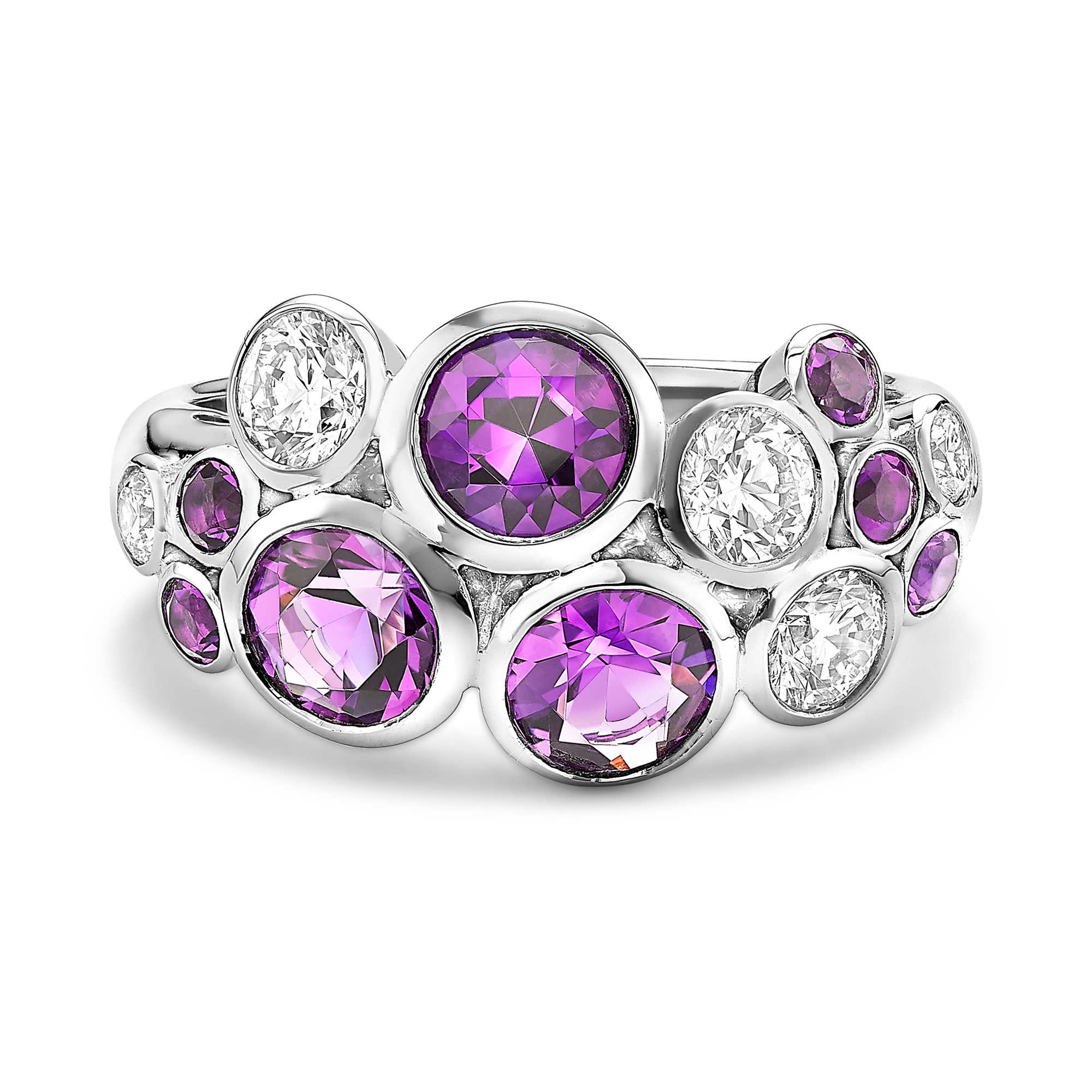 Bubbles Amethyst and Diamond Cocktail Ring Brilliant Cut, Rubover Set_2