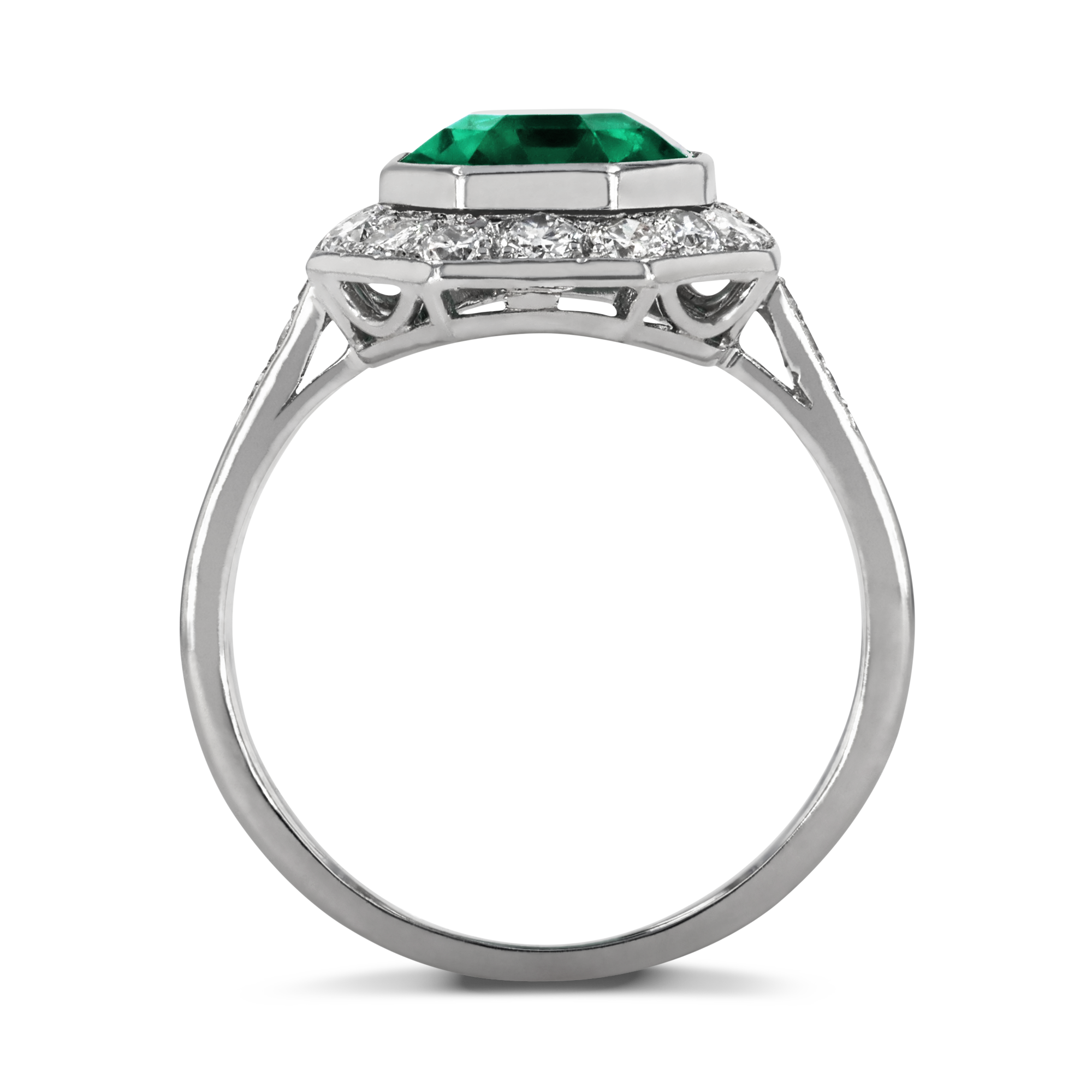 Art Deco 3.80ct Colombian Emerald and Diamond Cluster Ring Octagonal Cut, Rubover Set_3