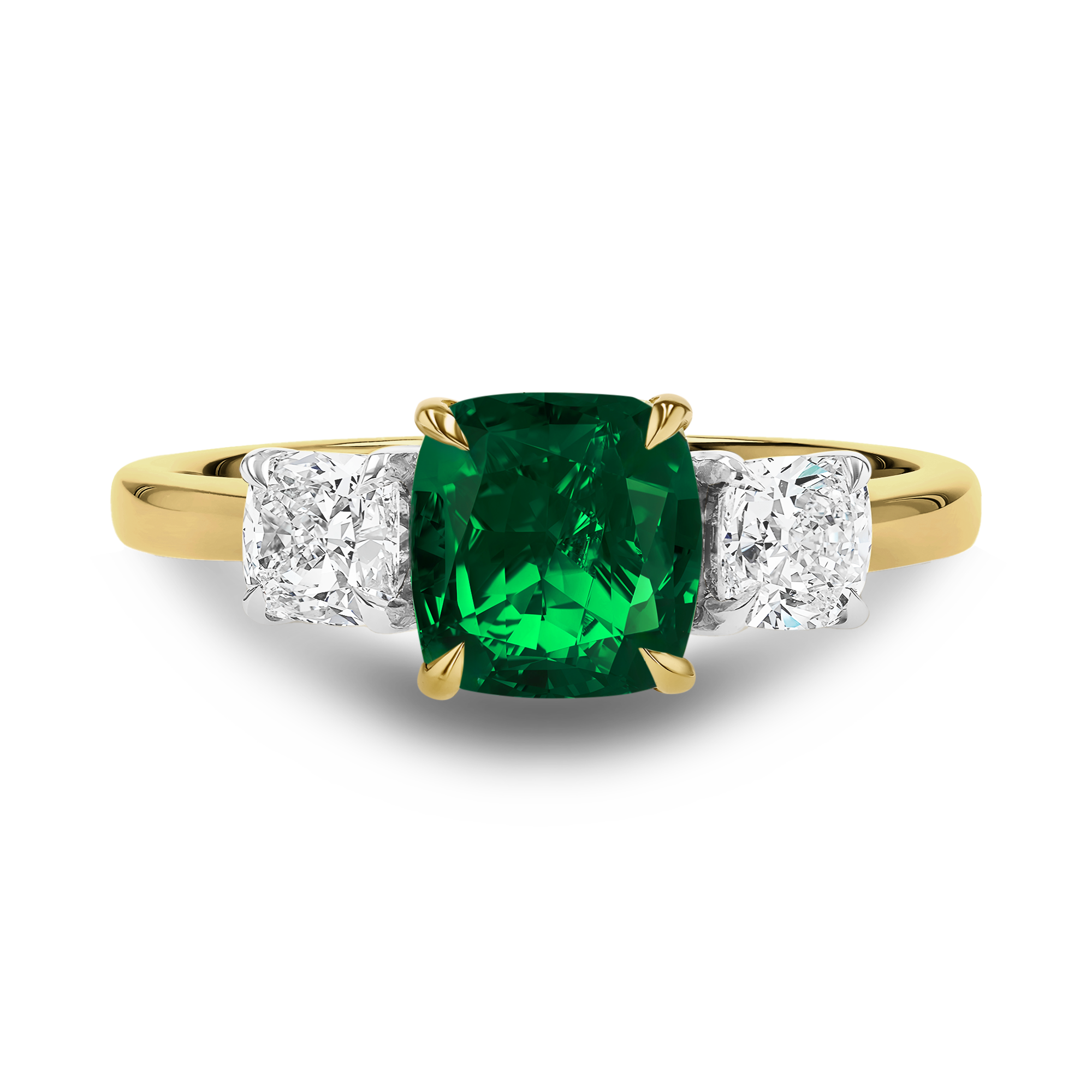 Cushion Cut 1.74ct Zambian Emerald and Diamond Three Stone Ring Modern Cushion Cut, Claw Set_2