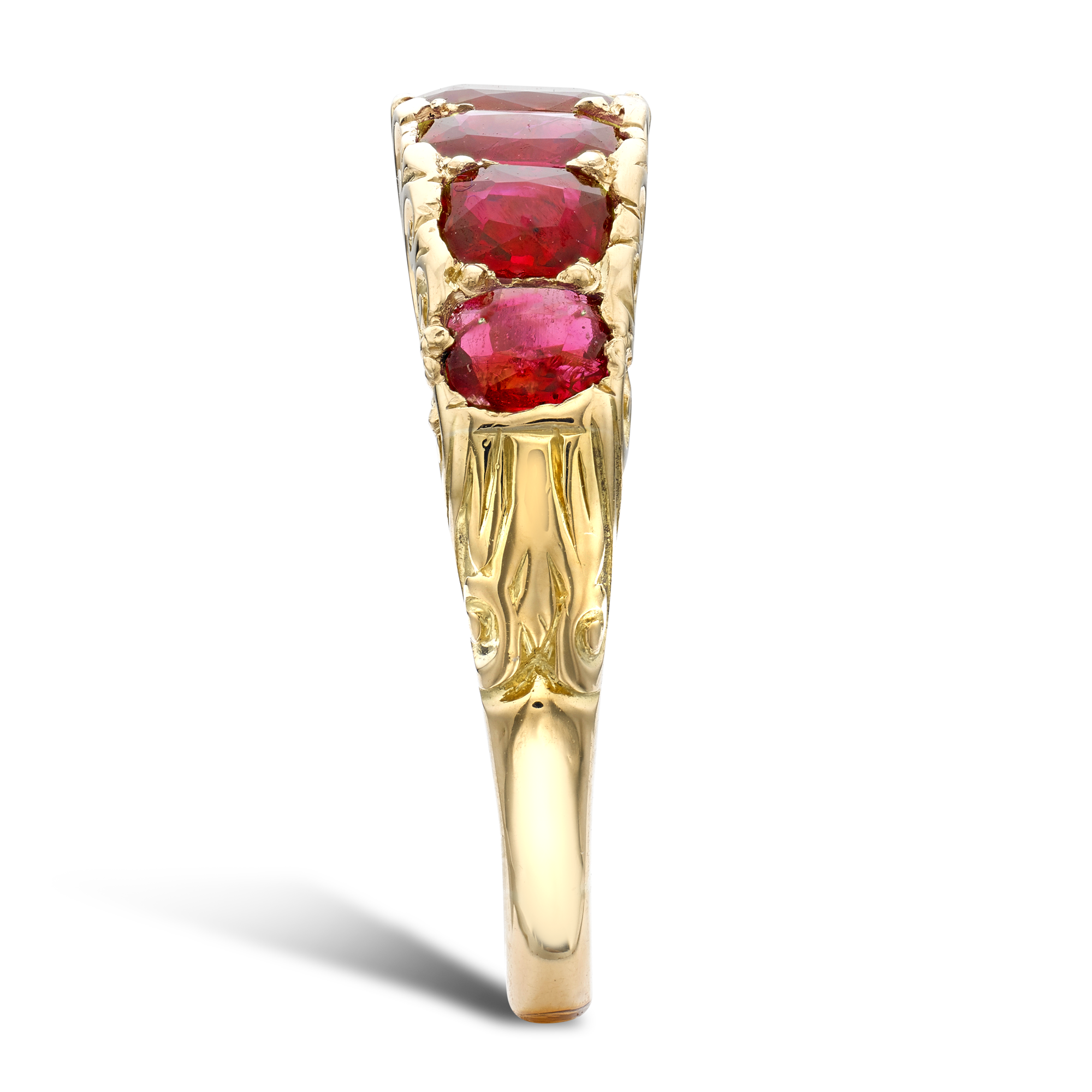 Victorian Ruby and Diamond Carved Five Stone Ring Oval Cut, Claw Set_4