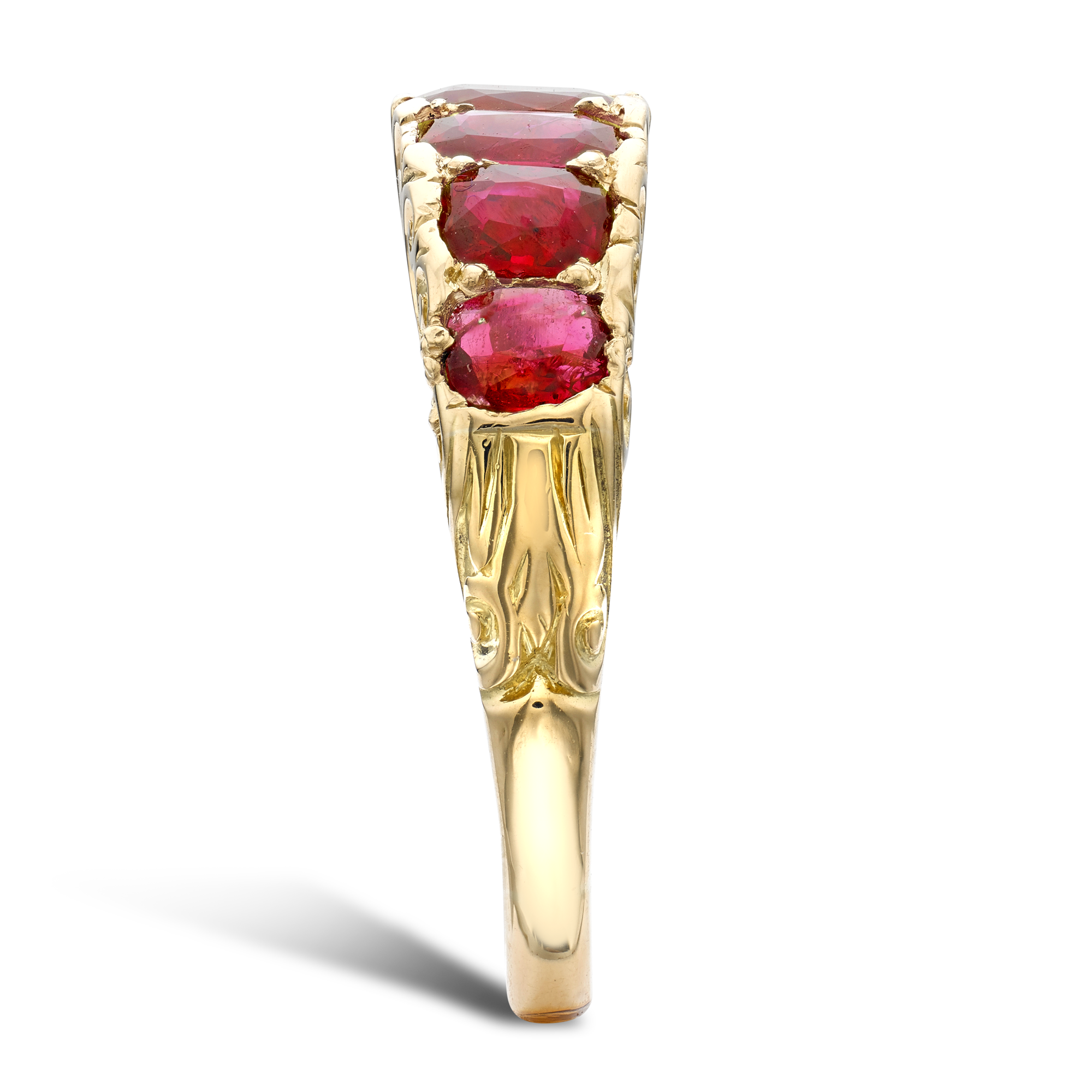 Victorian Ruby and Diamond Carved Five Stone Ring Oval Cut, Claw Set_4