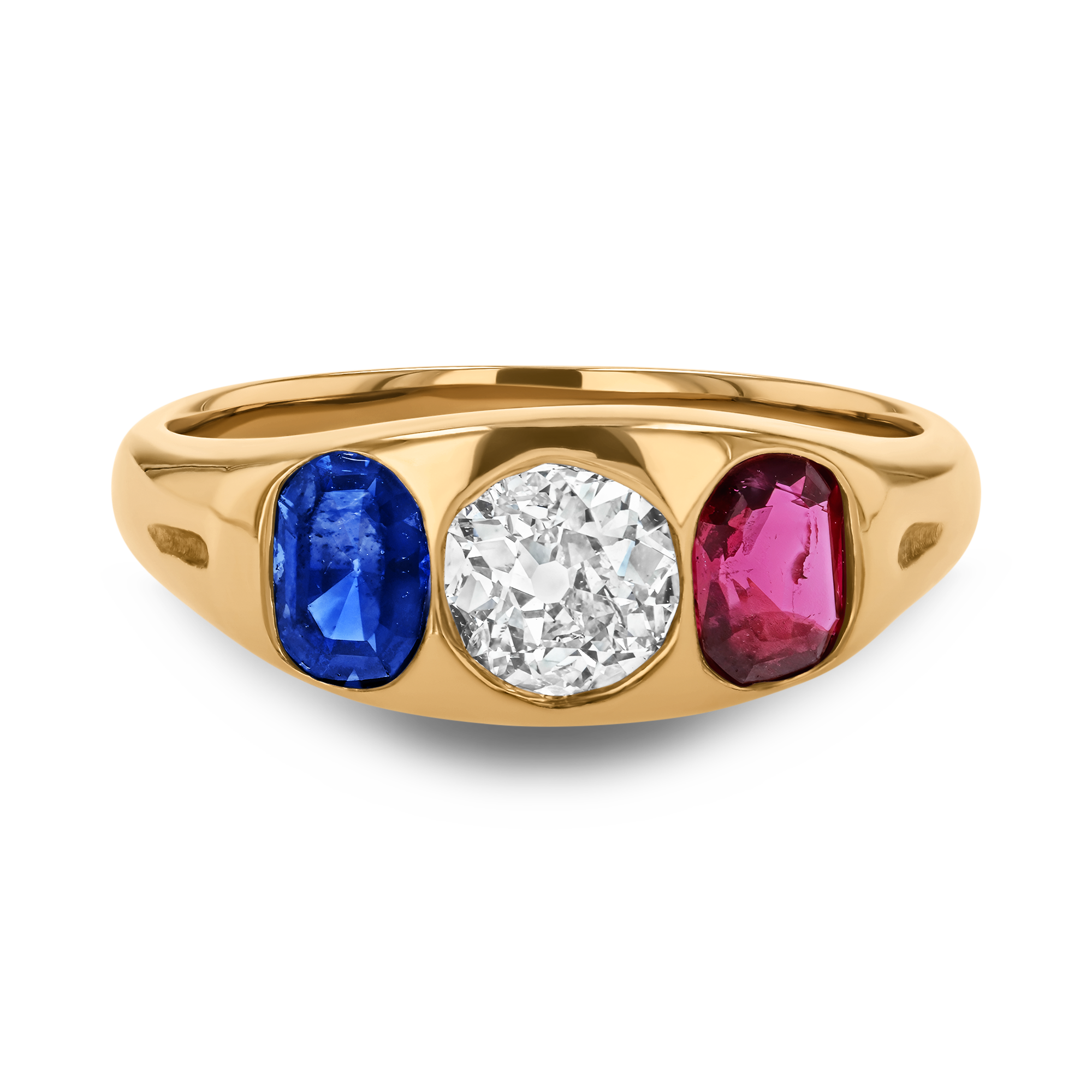 Old Cut Diamond, Sapphire and Ruby Three Stone Ring Old & Oval Cut, Gypsy Set_2