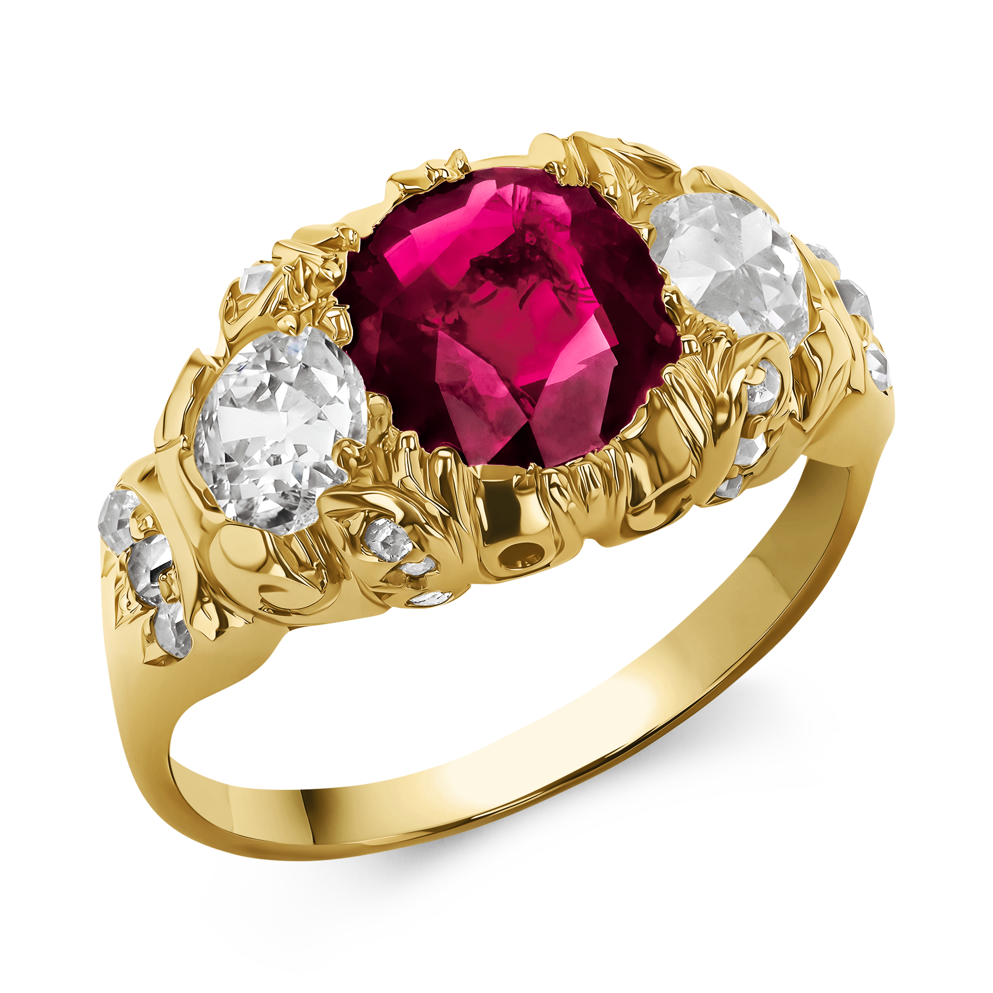 Victorian Burmese Ruby and Diamond Three Stone Ring Oval Cut, Claw Set_1