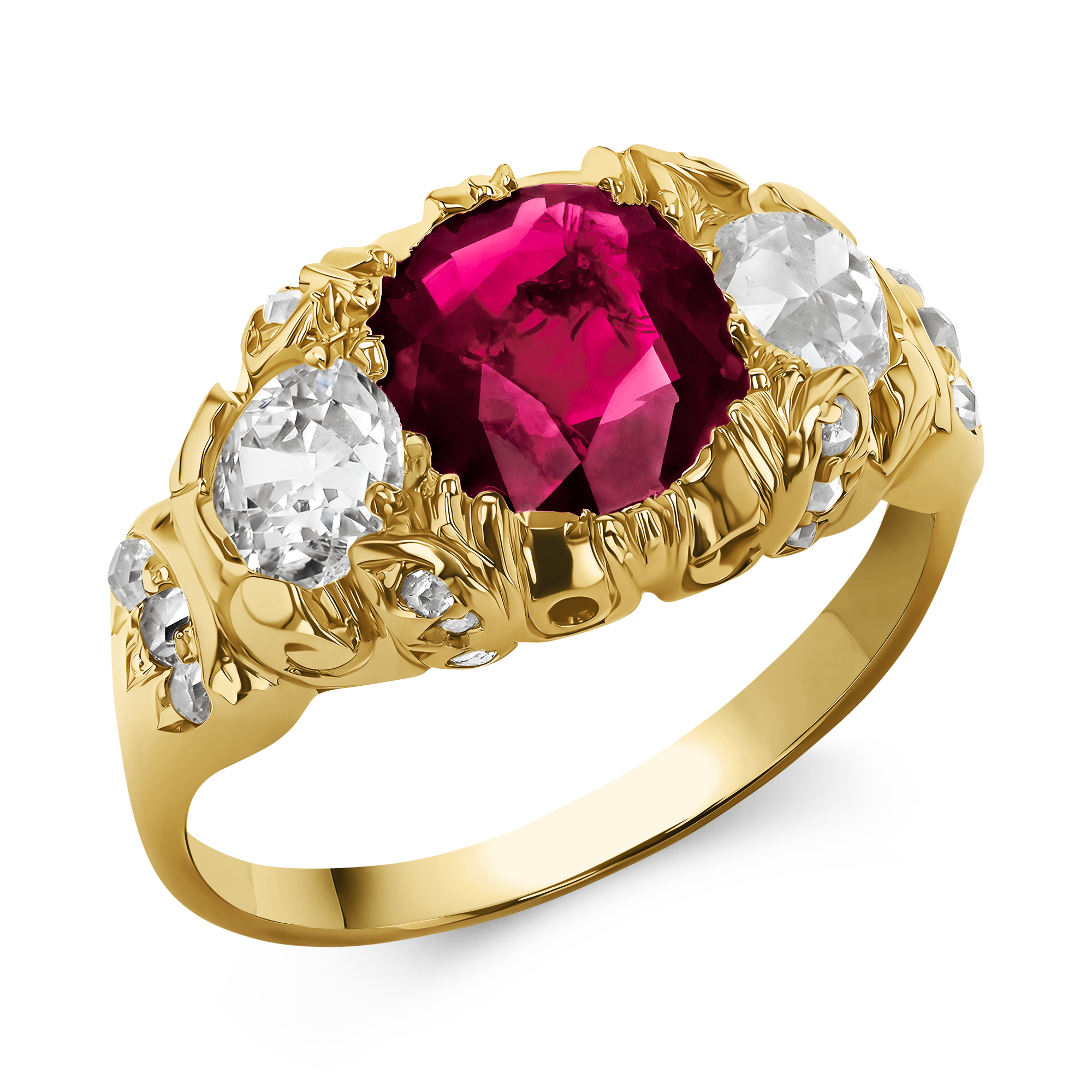 Victorian Burmese Ruby and Diamond Three Stone Ring Oval Cut, Claw Set_1