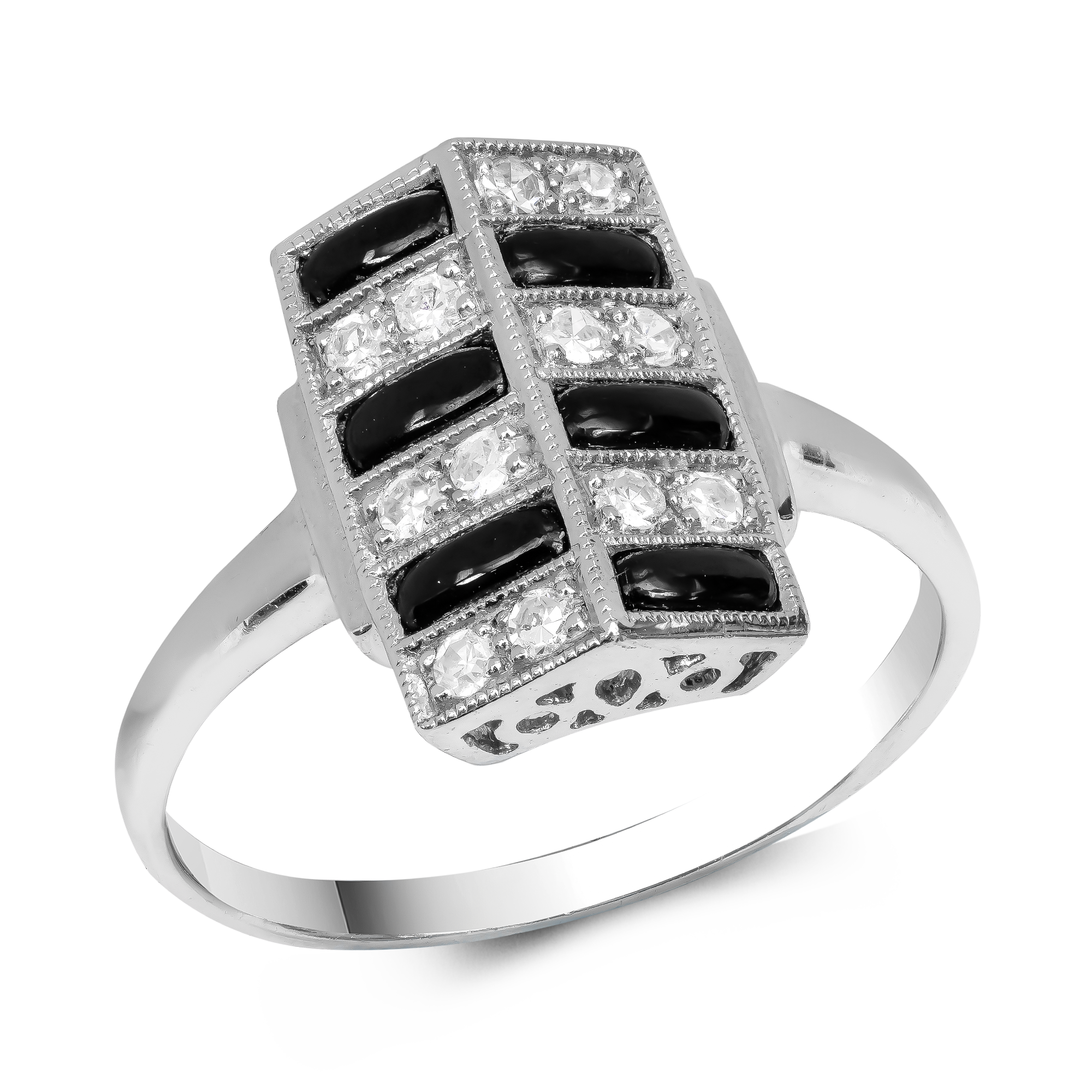 Art Deco Style Brilliant Cut Diamond and Black Onyx Cocktail Ring Brilliant Cut, Grain Set_1